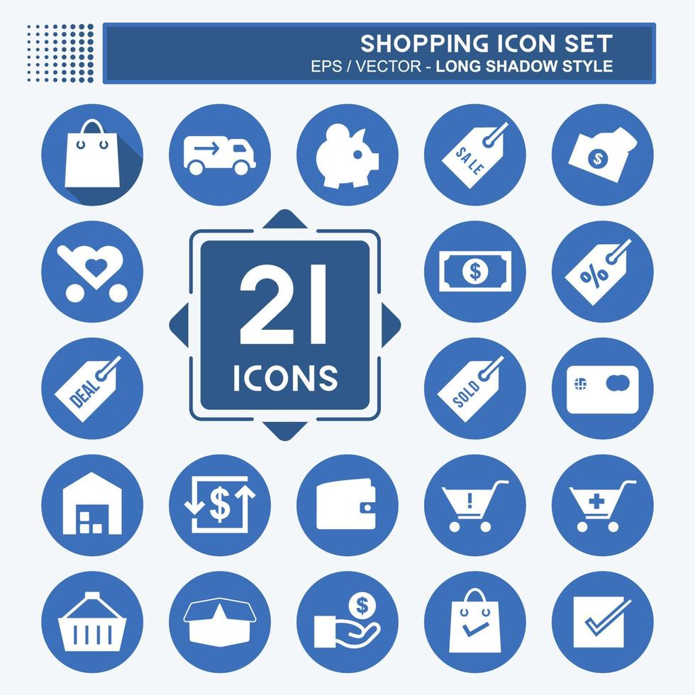 Shopping Icon Set in trendy long shadow style isolated on soft blue background vector