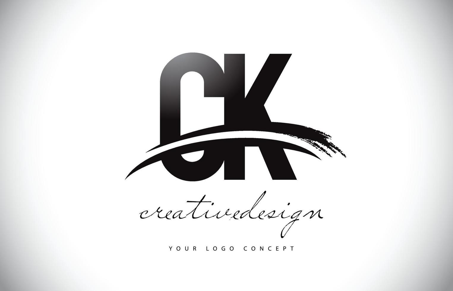 Diseño del logotipo de la letra ck ck con swoosh y trazo de pincel negro. vector