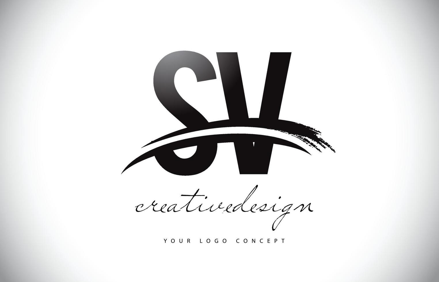 Diseño del logotipo de la letra sv sv con swoosh y trazo de pincel negro. vector