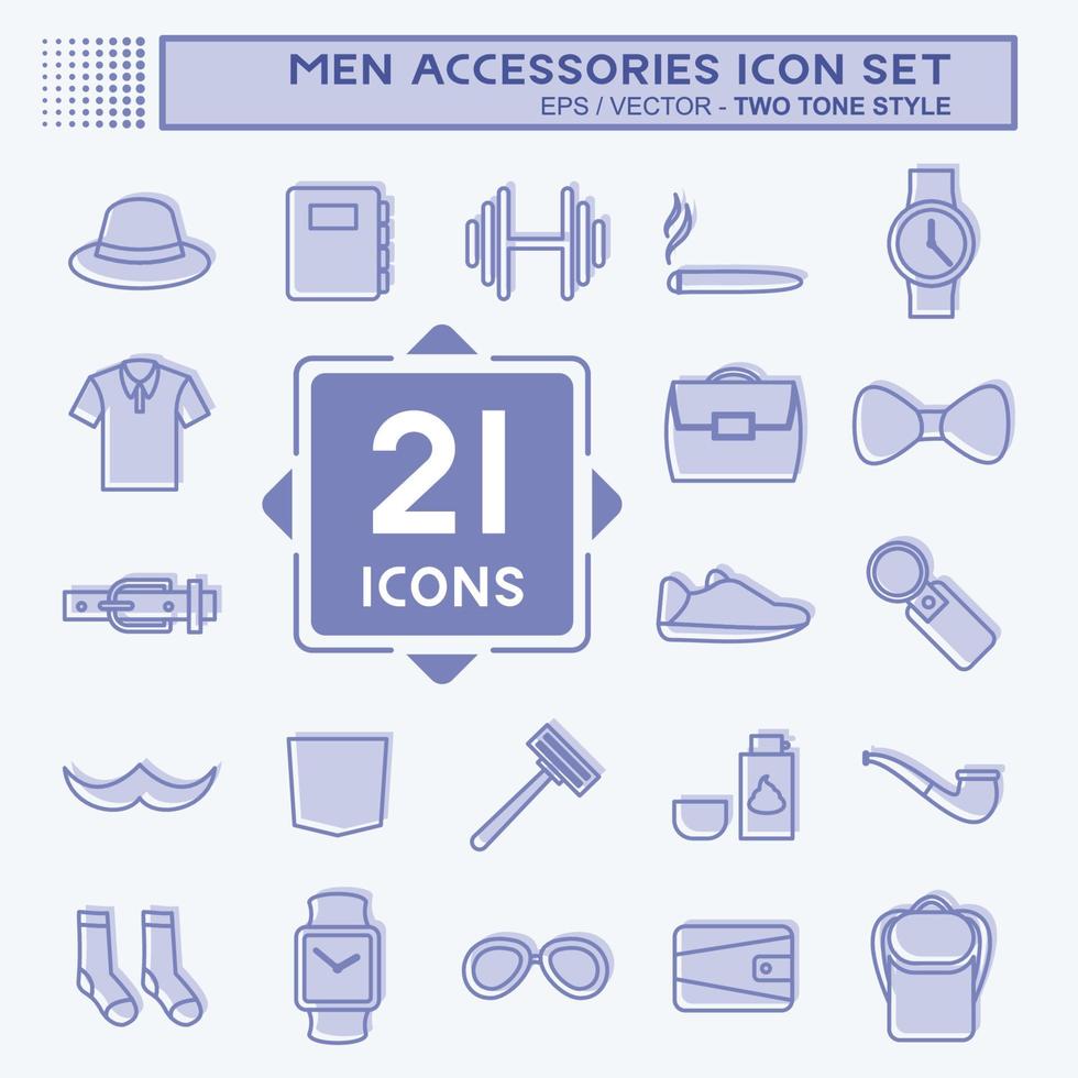 Men Accessories Icon Set in trendy two tone style isolated on soft blue background vector