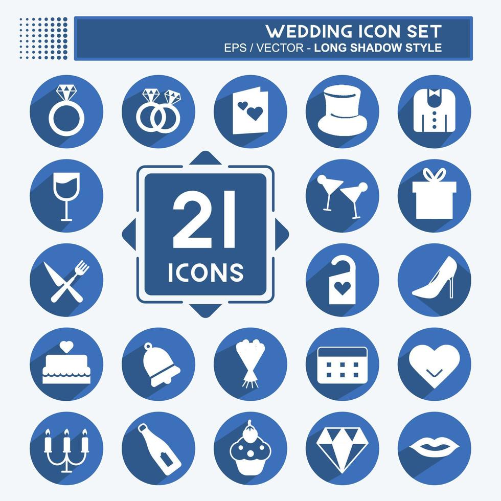Wedding Icon Set in trendy long shadow style isolated on soft blue background vector