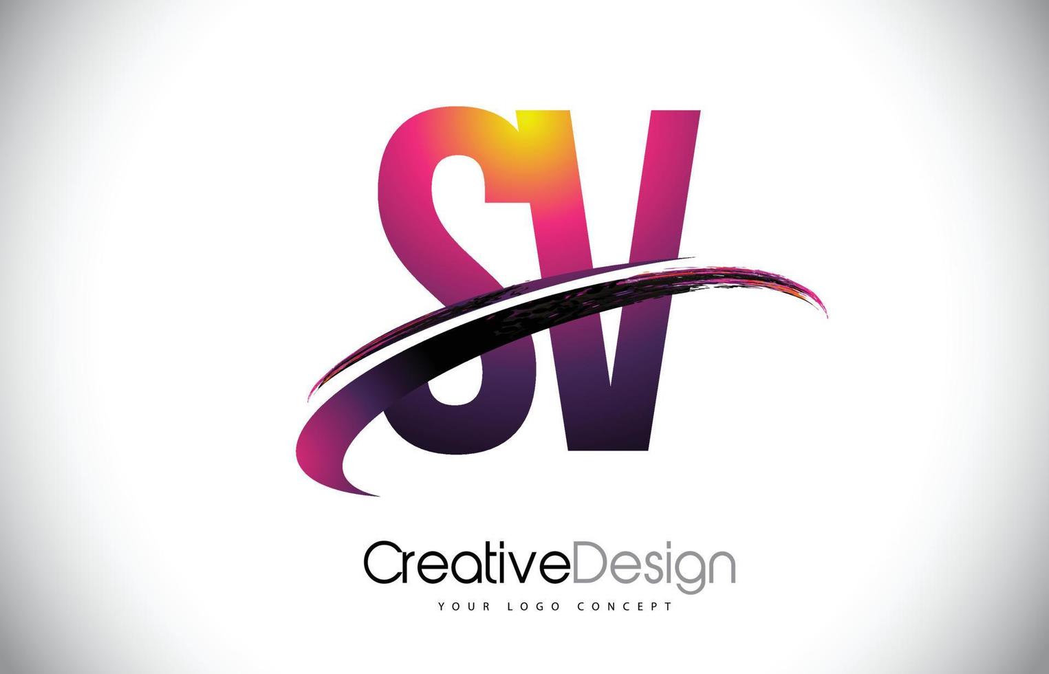 SV S V Purple Letter Logo with Swoosh Design. Creative Magenta Modern Letters Vector Logo.