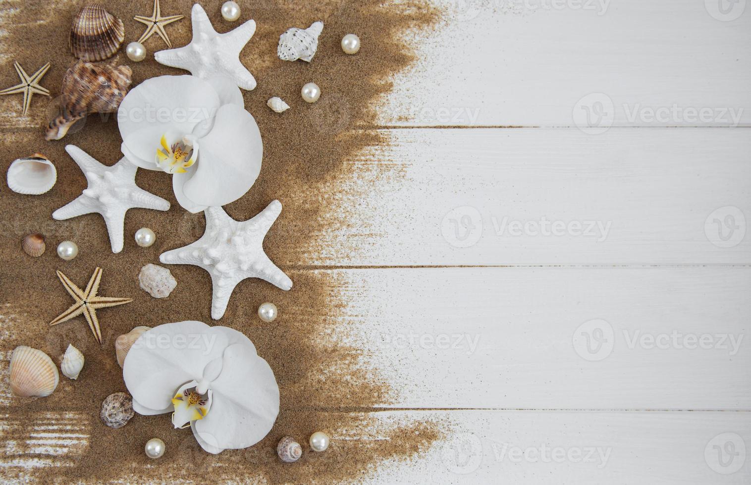 sea shells with sand and orchid flowers photo