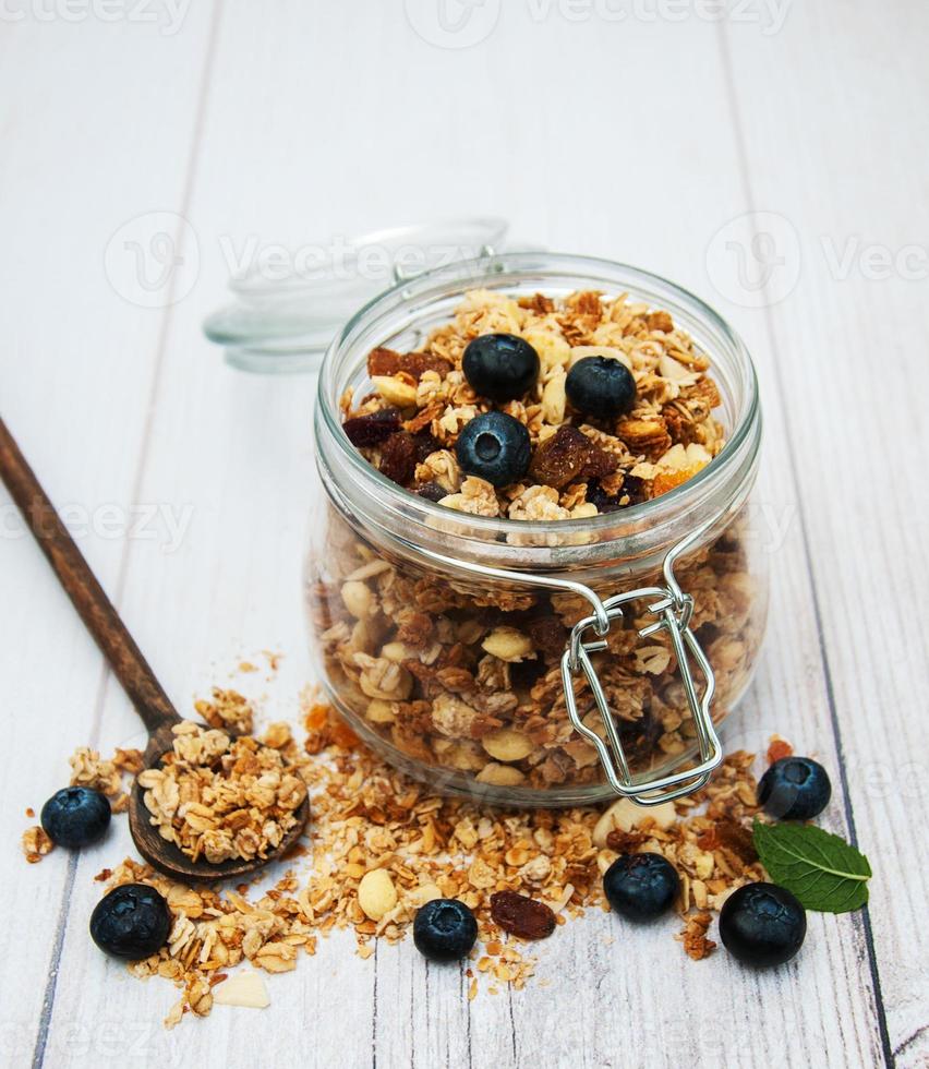 Homemade granola with blueberries photo