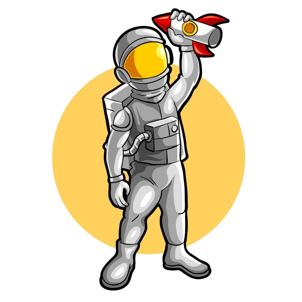 astronauta jugando cohete mascota esports logo vector ilustración