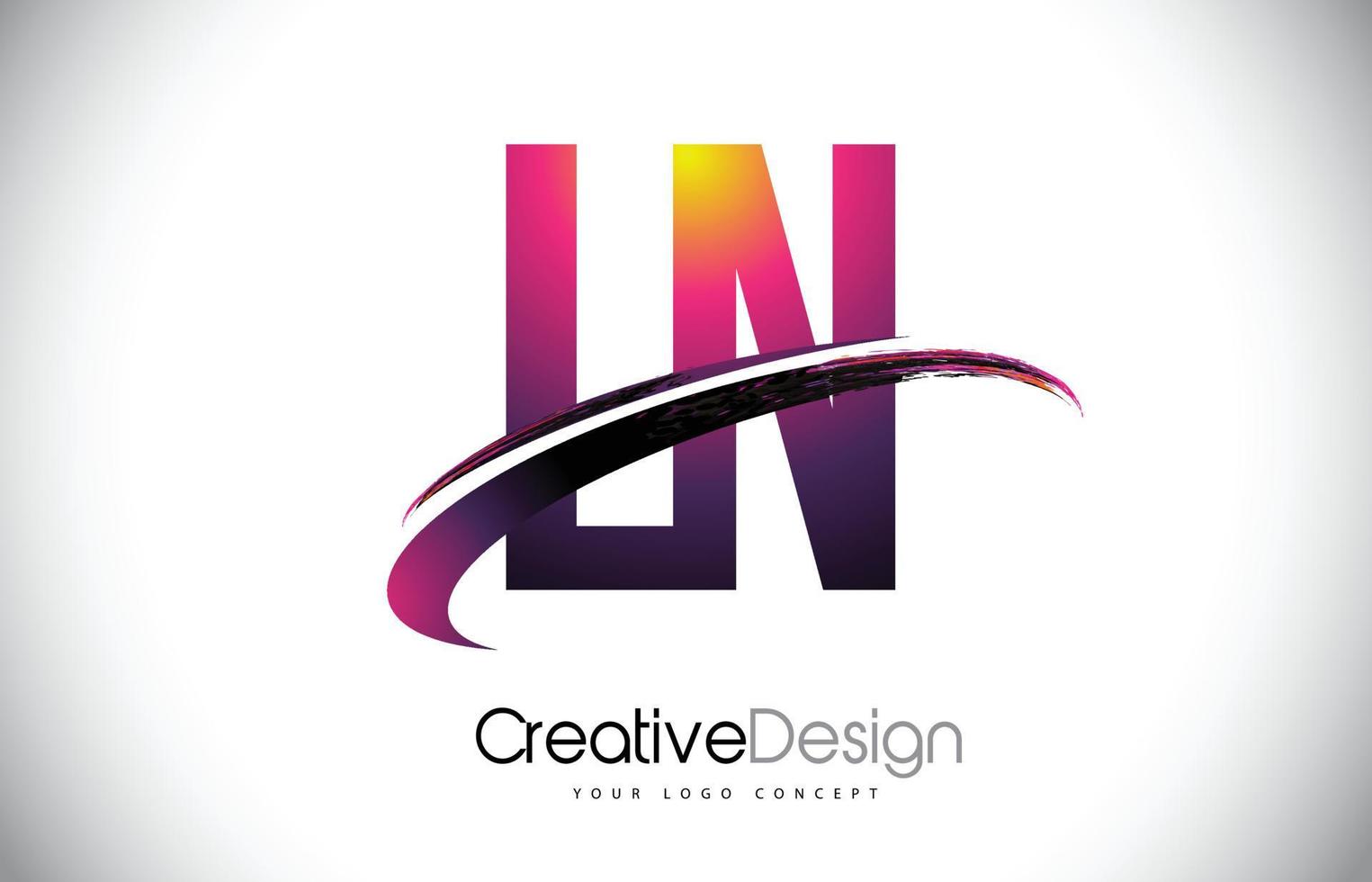 LN L N Purple Letter Logo with Swoosh Design. Creative Magenta Modern Letters Vector Logo.