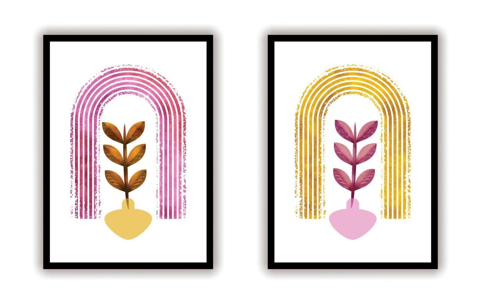 Boho wall art with leaf and geometric line art leaf in golden and rose gold colors vector