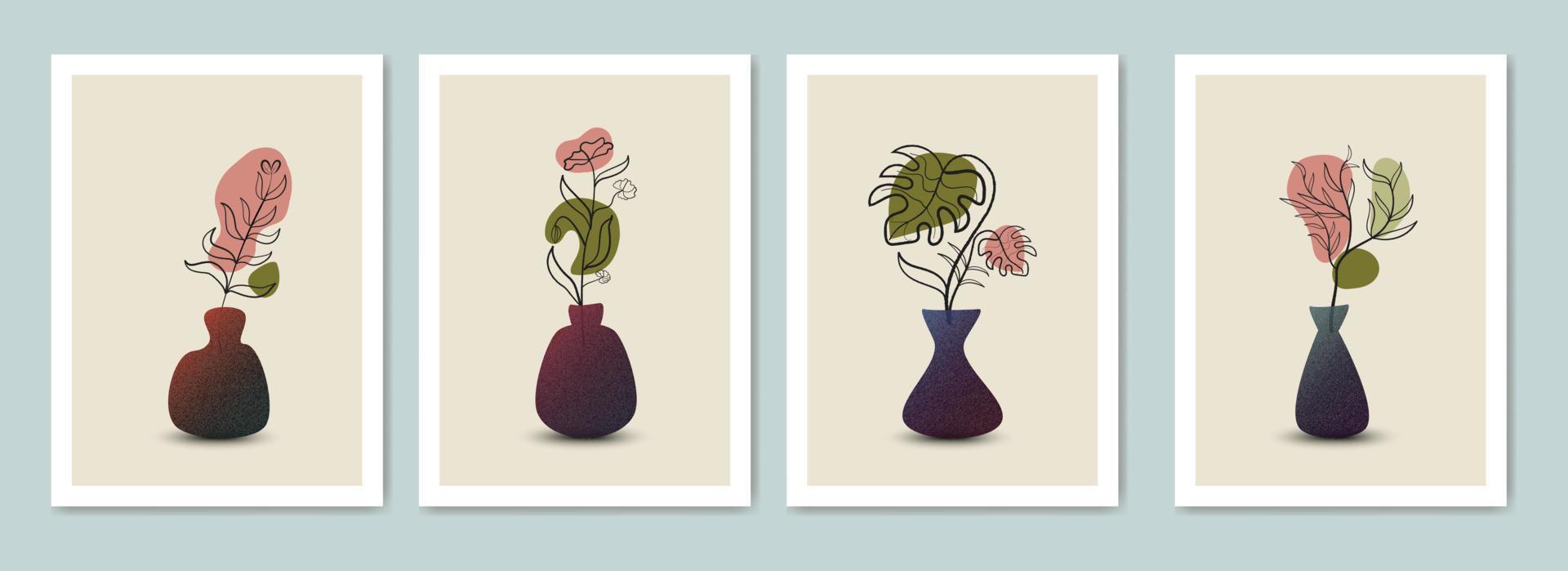 Set of abstract line art botanical collection with vases and floral leaves vector