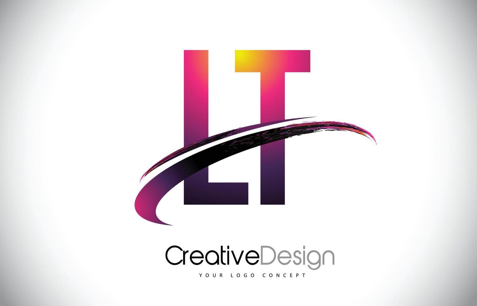 LT L T Purple Letter Logo with Swoosh Design. Creative Magenta Modern Letters Vector Logo.