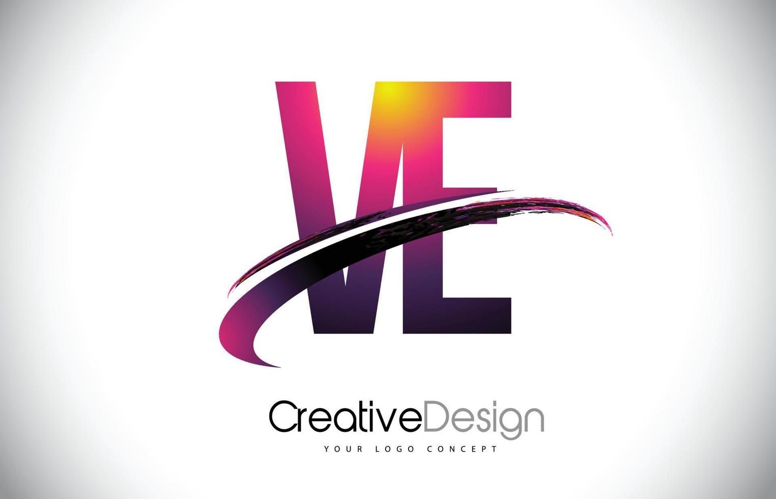 VE V E Purple Letter Logo with Swoosh Design. Creative Magenta Modern Letters Vector Logo.