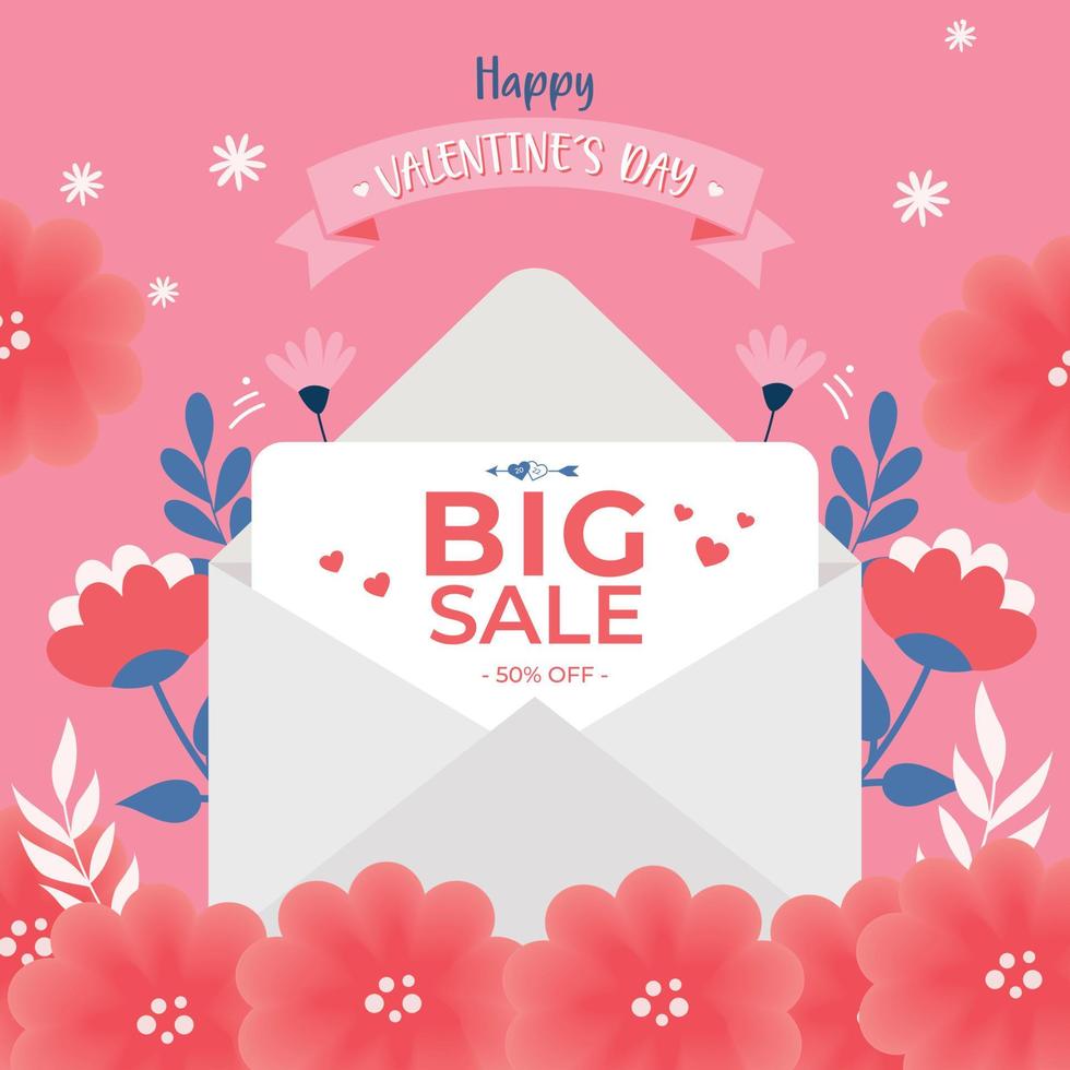 Happy Valentine day flower background with Big Sale flat design. Email offer with envelope art illustration template design. Greeting card design. vector