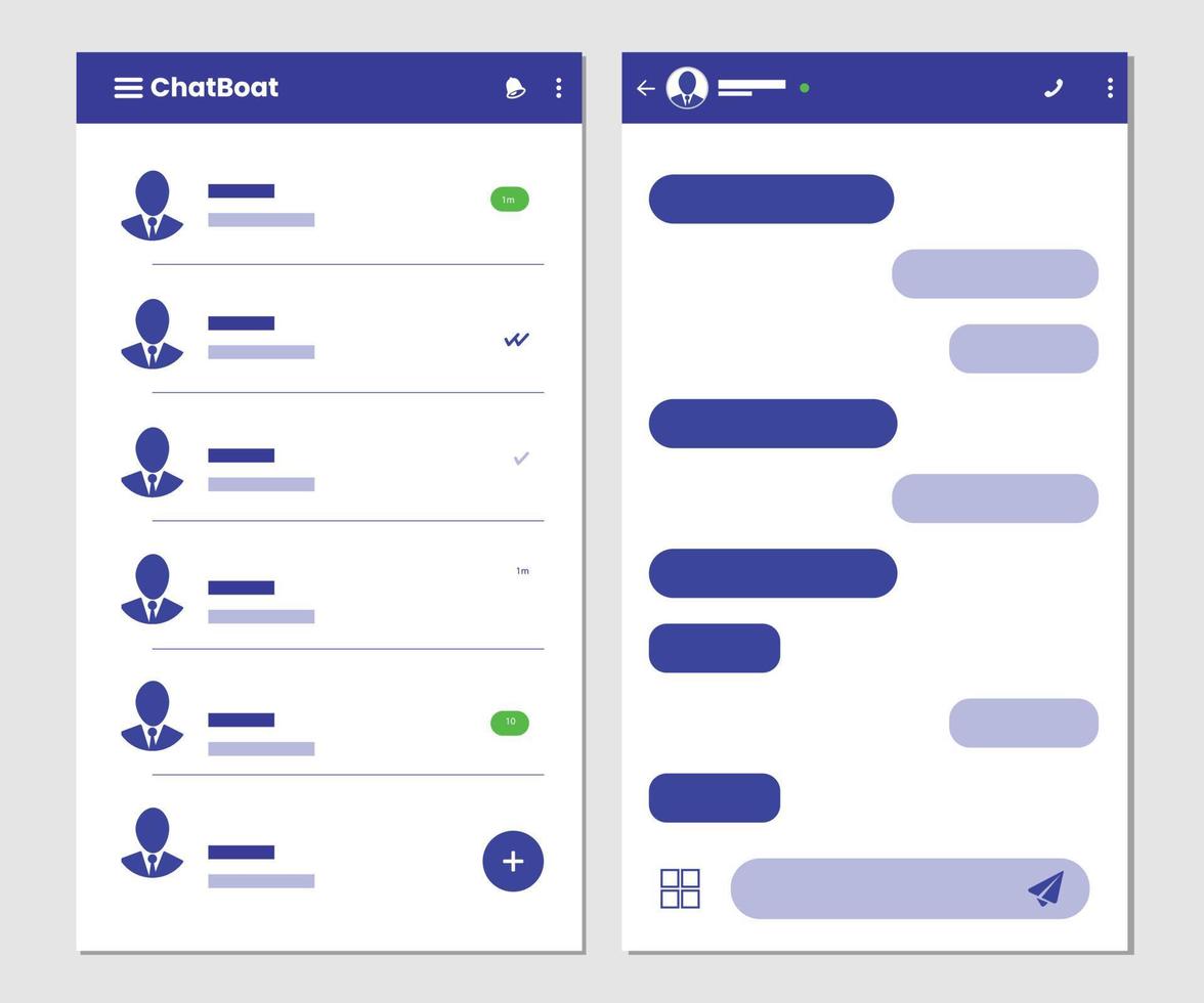 aplicación de chat moderna vectorial. diseño de concepto de interfaz de usuario móvil. aplicación de mensajería móvil con lista de contactos de chat. diseño de concepto de interfaz de usuario de aplicación de chat vector