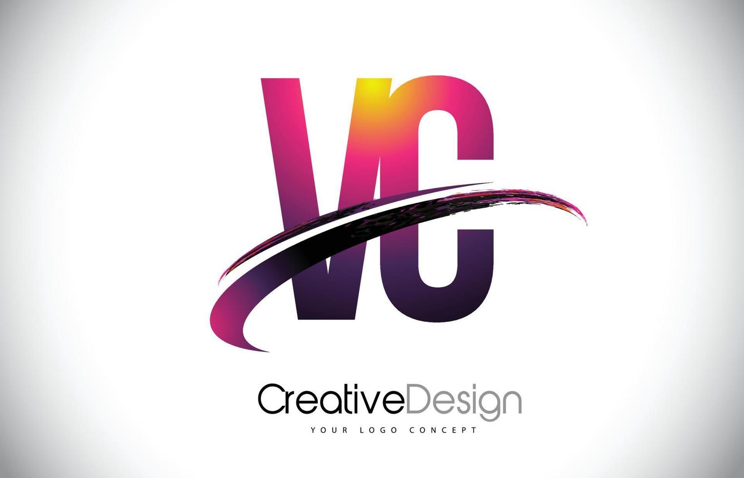 VC V C Purple Letter Logo with Swoosh Design. Creative Magenta Modern Letters Vector Logo.