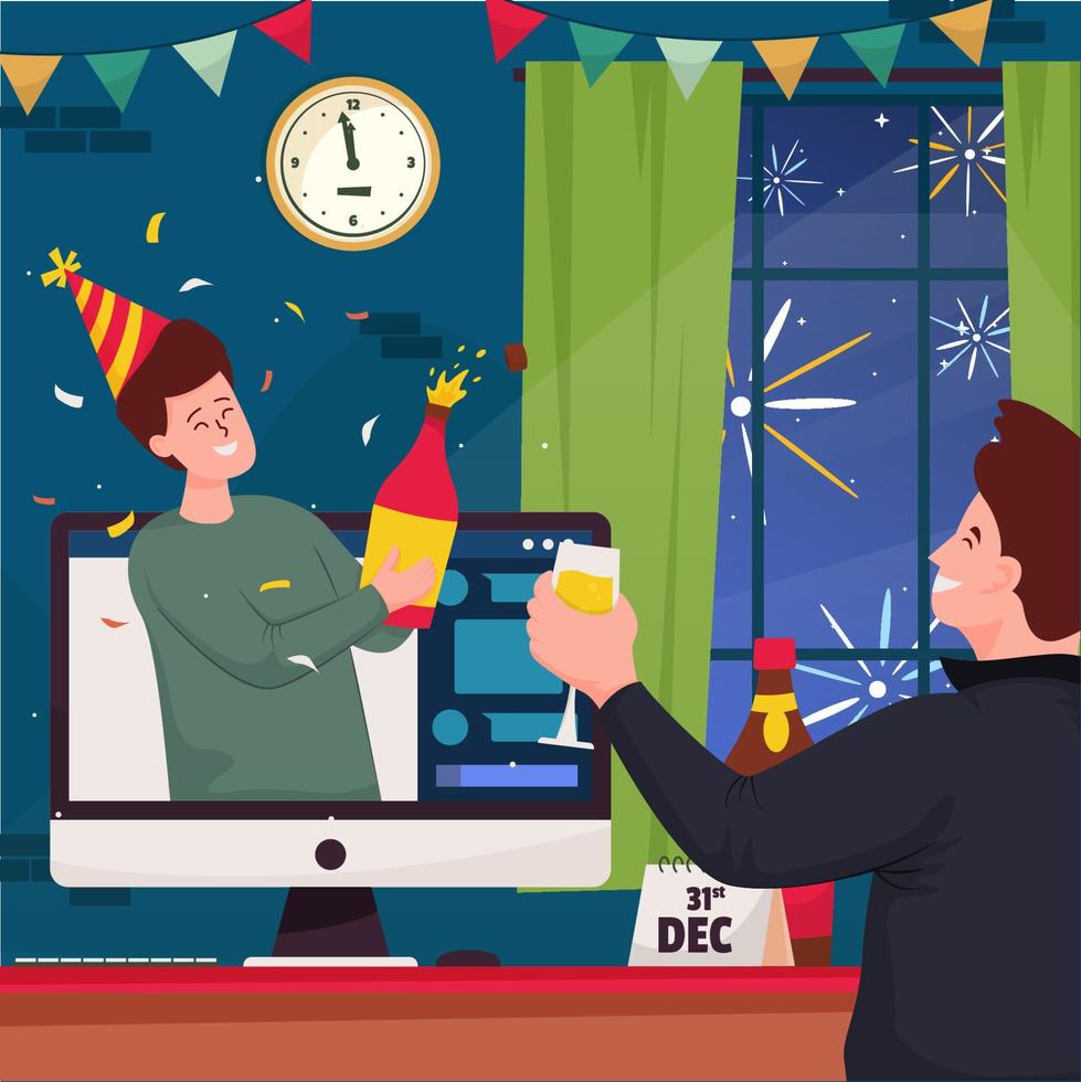 videollamada de feliz año nuevo con champán vector