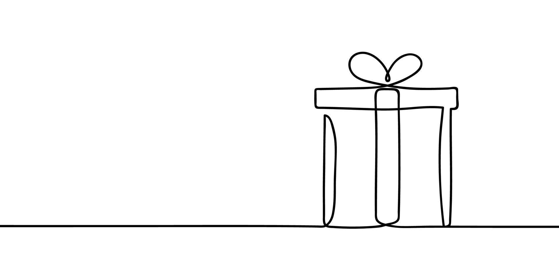 Continuous one line drawing of Christmas gift box with bow and ribbon. Birthday gift box linear style. Vector isolated on white background