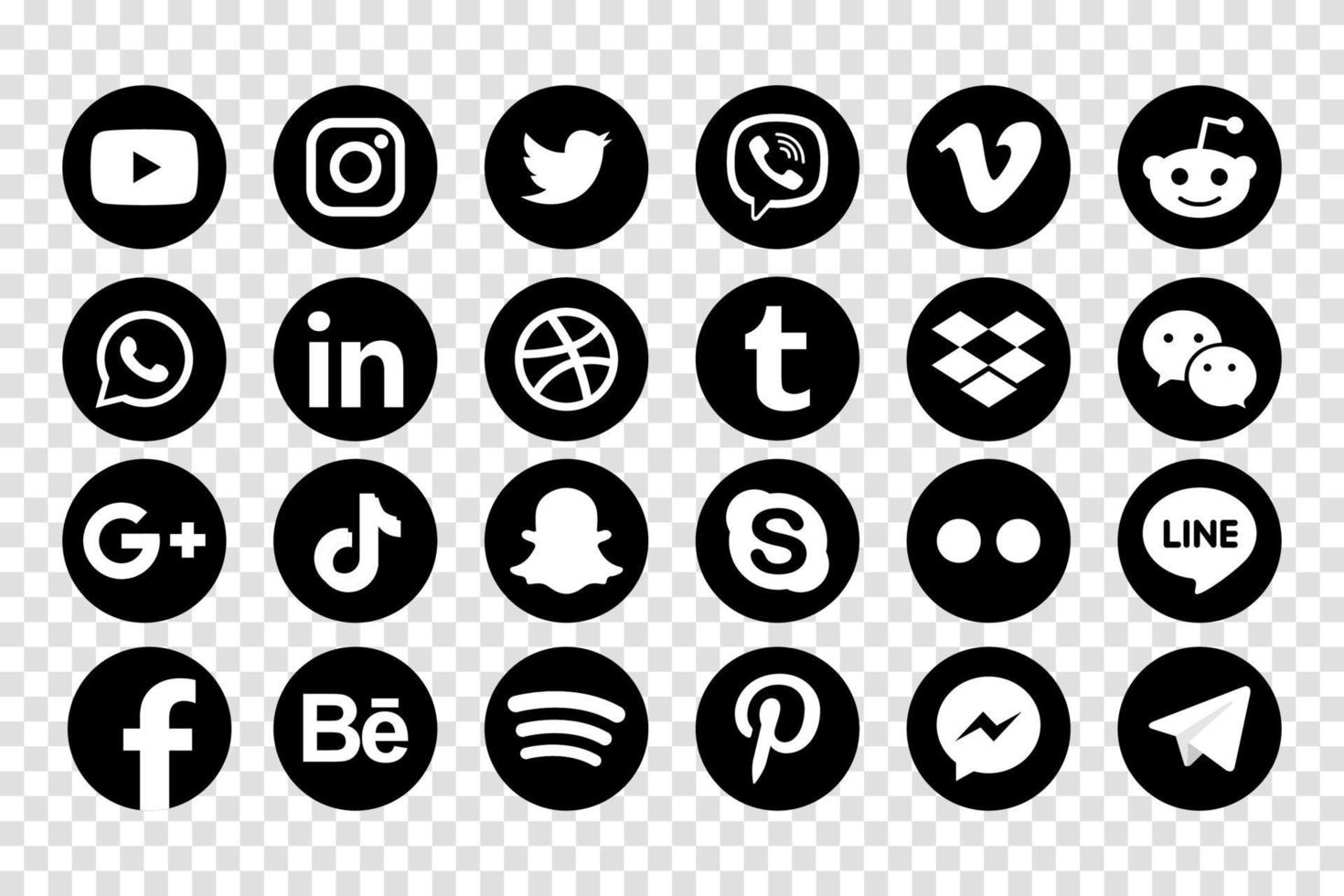 Set popular social media icons. Facebook, instagram, twitter, youtube, pinterest, behance, google plus, linkedin, whatsapp, snapchat, tiktok, tumblr, spotify, dropbox and many more vector