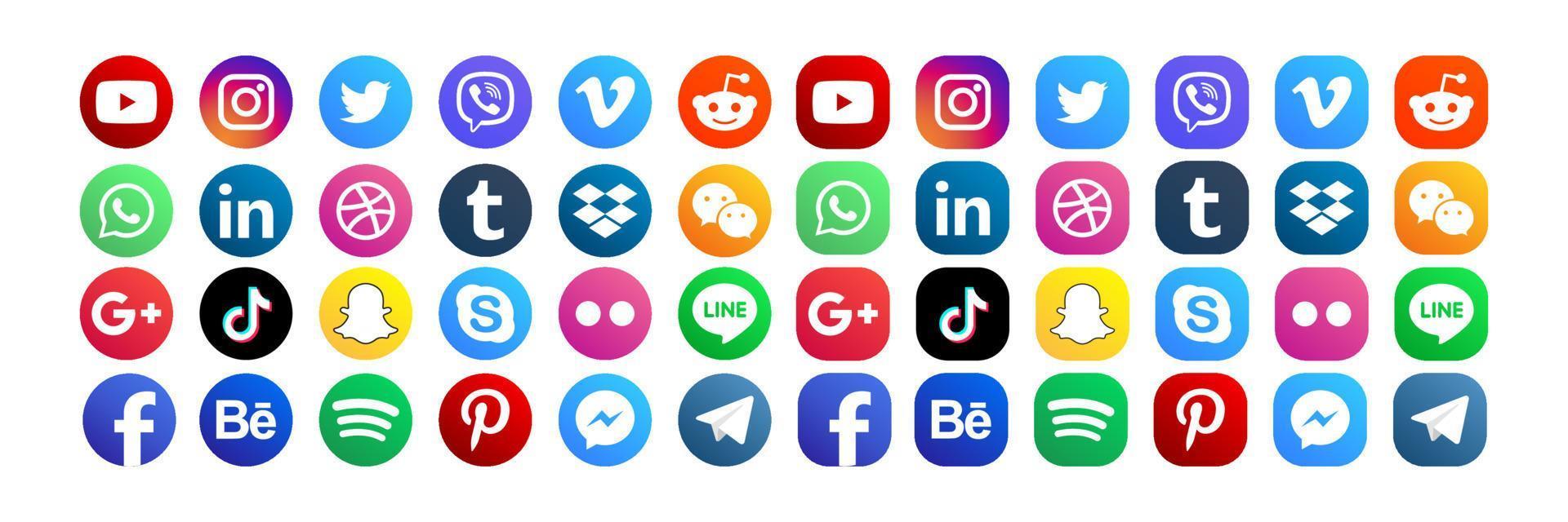 establecer iconos de redes sociales populares. facebook, instagram, twitter, youtube, pinterest, behance, google plus, linkedin, whatsapp, snapchat, tiktok, tumblr, spotify, dropbox y muchos más vector