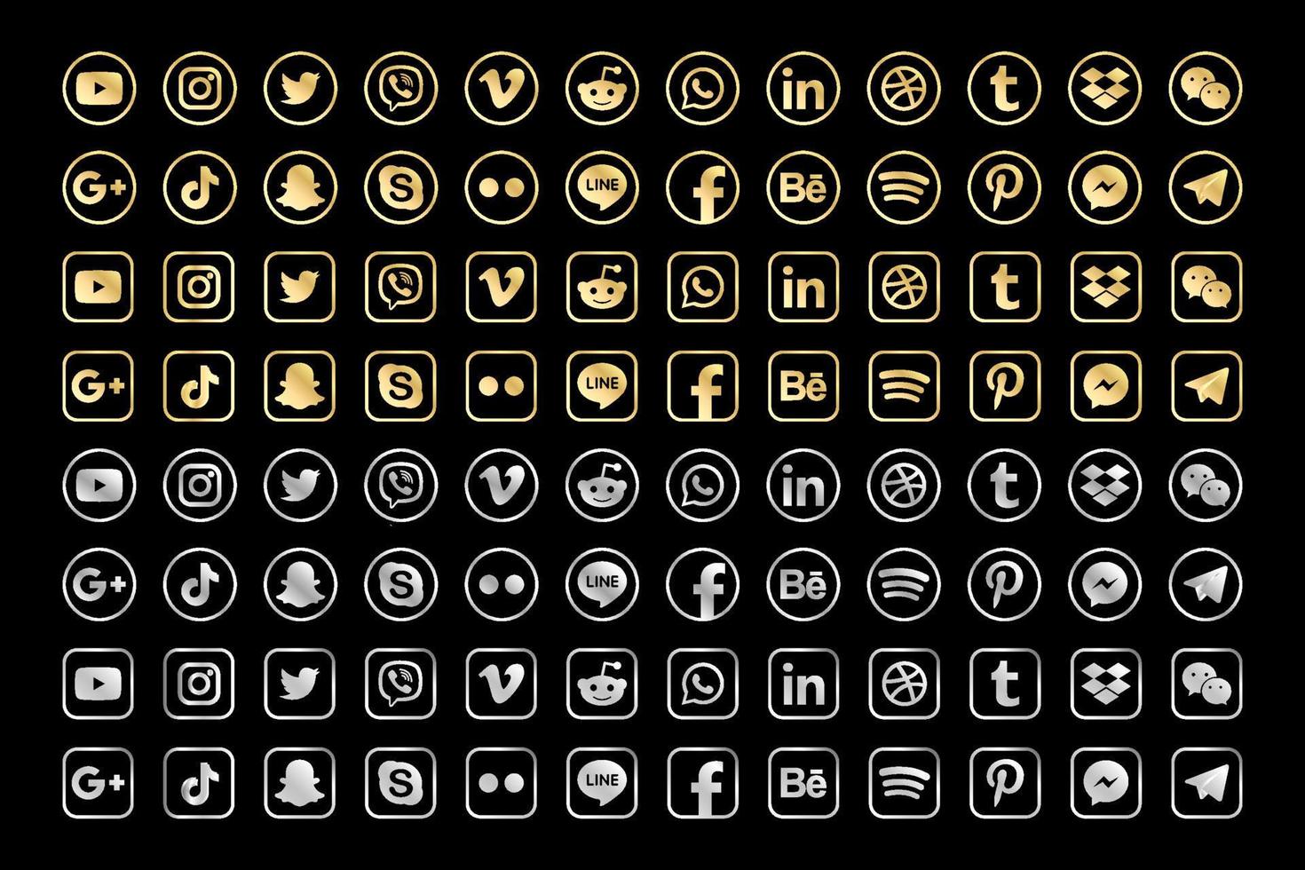 facebook dorado y plateado, instagram, twitter, youtube, whatsapp, dribble, tiktok y muchas más colecciones doradas y plateadas de íconos populares de redes sociales. vector