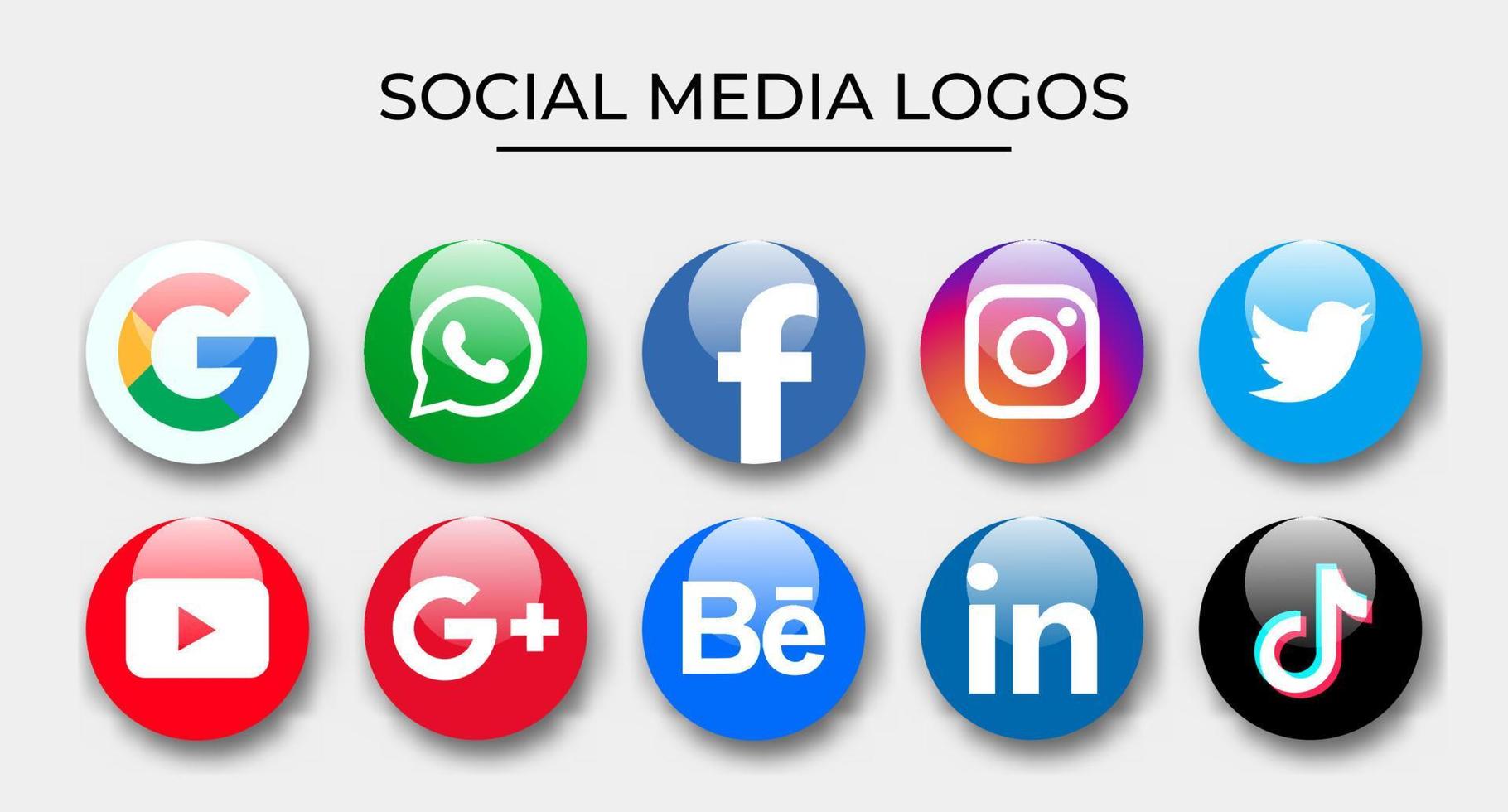 facebook, instagram, twitter, youtube, whatsapp, dribble, tiktok, linkedin, google plus, google: colección de íconos populares de redes sociales vector