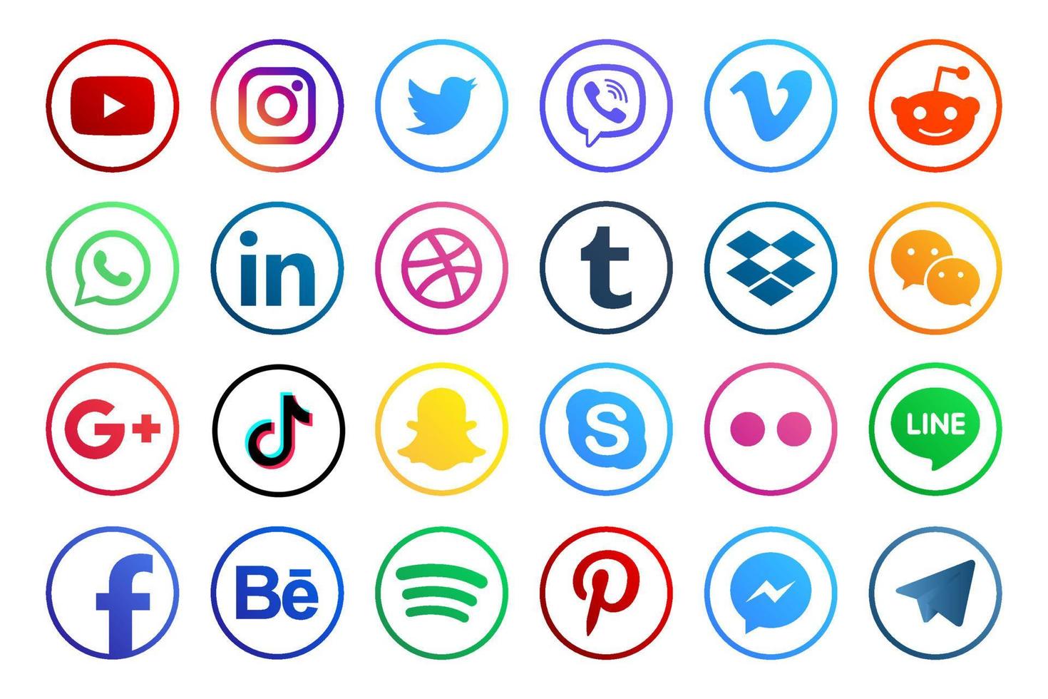 Set popular social media icons. Facebook, instagram, twitter, youtube, pinterest, behance, google plus, linkedin, whatsapp, snapchat, tiktok, tumblr, spotify, dropbox and many more vector