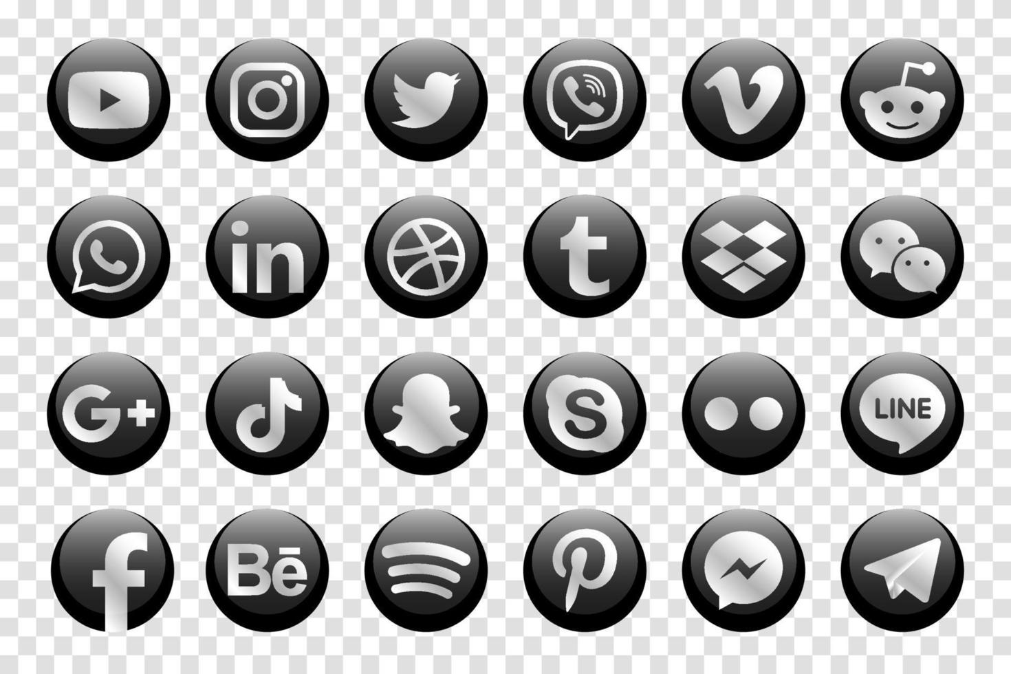 Silver Facebook, Instagram, Twitter, Youtube, WhatsApp, Dribble, Tiktok, Linkedin, Google plus, and many more silver collection of popular social media icons. vector