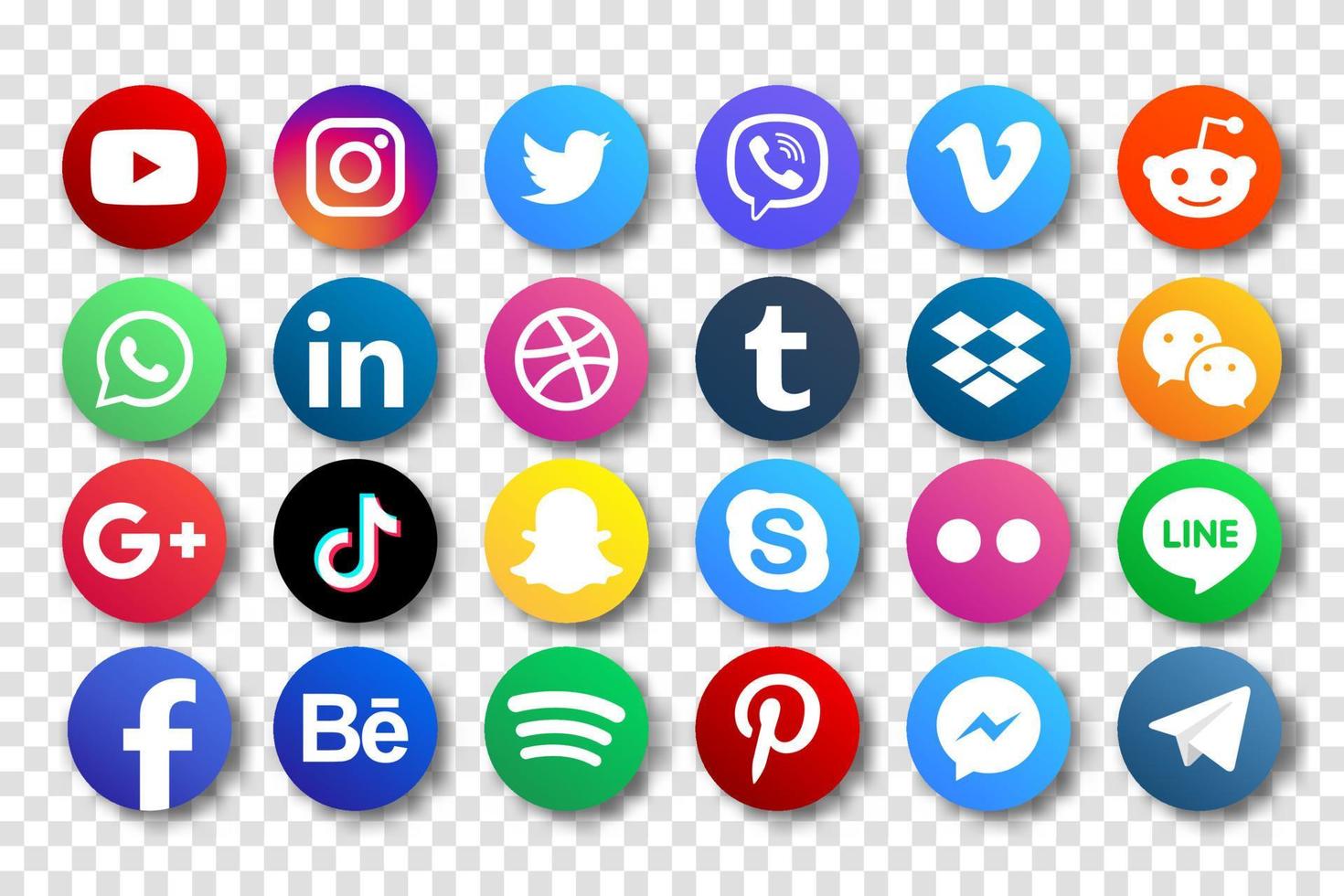 Set popular social media icons. Facebook, instagram, twitter, youtube, pinterest, behance, google plus, linkedin, whatsapp, snapchat, tiktok, tumblr, spotify, dropbox and many more vector