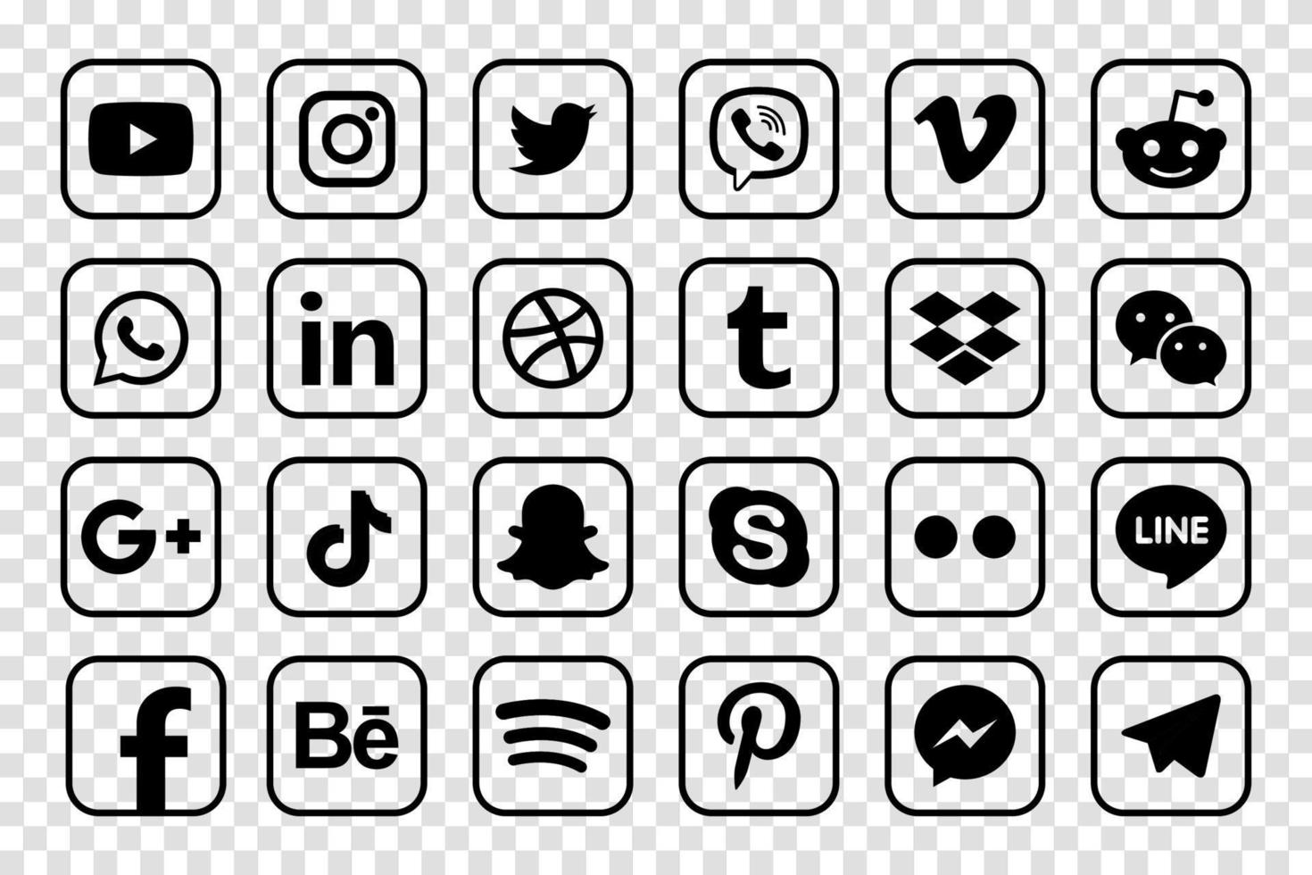 establecer iconos de redes sociales populares. facebook, instagram, twitter, youtube, pinterest, behance, google plus, linkedin, whatsapp, snapchat, tiktok, tumblr, spotify, dropbox y muchos más vector