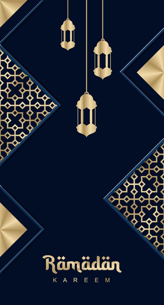 Ramadan Kareem greeting cards set. Ramadan holiday invitations templates collection with gold lettering and arabic pattern vector