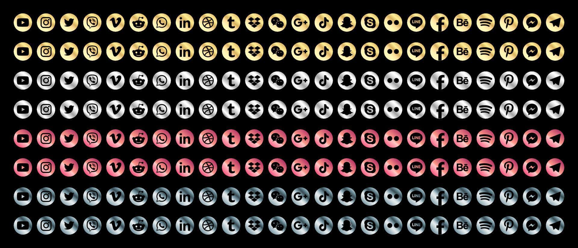 Golden and Silver Facebook, Instagram, Twitter, Youtube, WhatsApp, Dribble, Tiktok, and many more golden and silver collection of popular social media icons. Vector