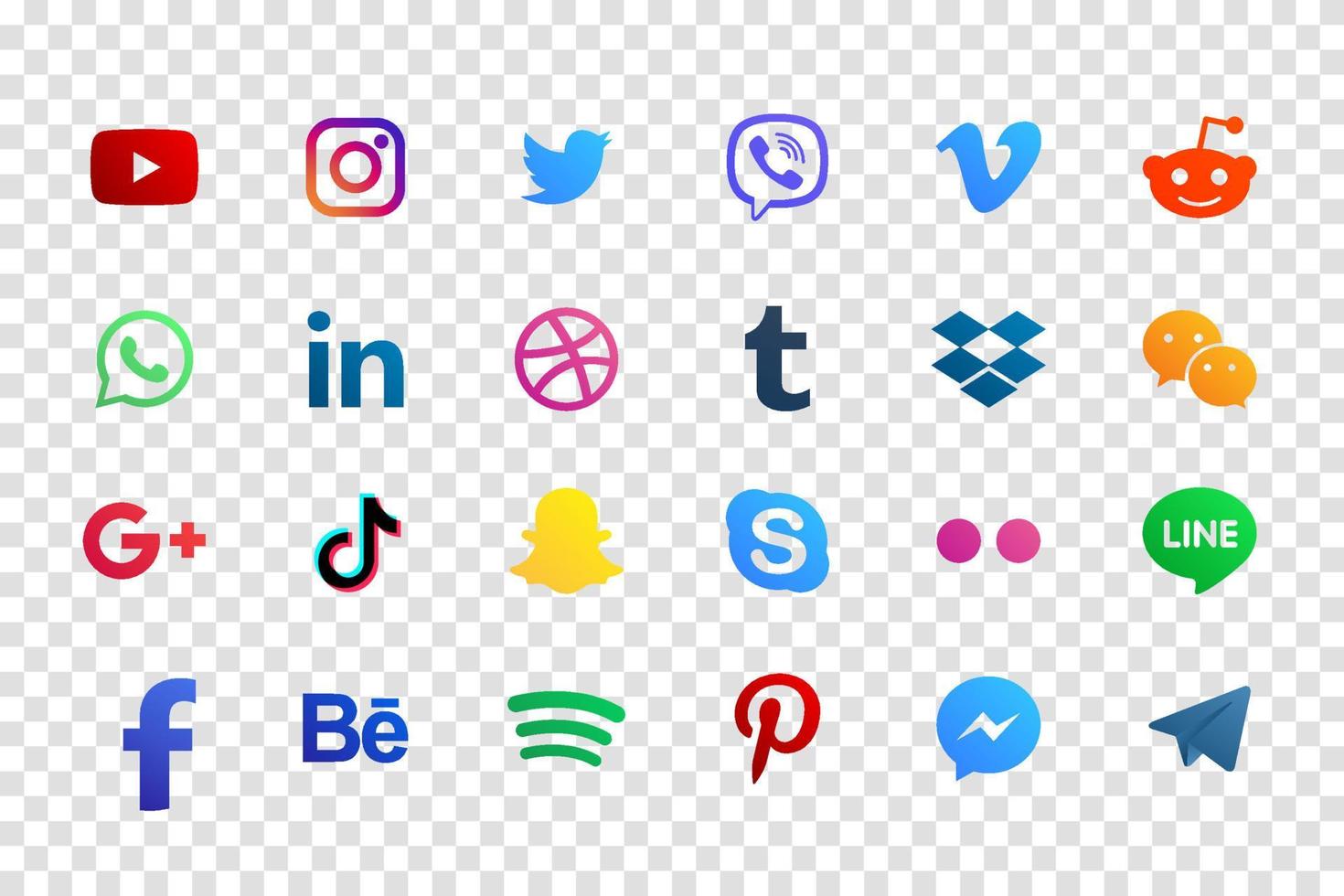 Set popular social media icons. Facebook, instagram, twitter, youtube, pinterest, behance, google plus, linkedin, whatsapp, snapchat, tiktok, tumblr, spotify, dropbox and many more vector