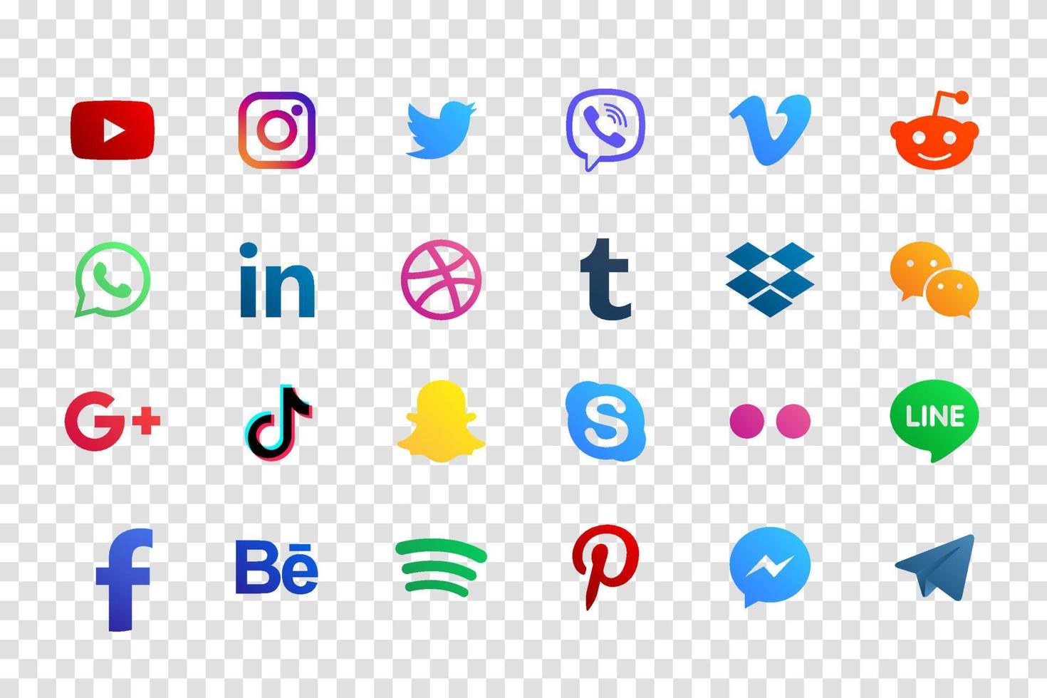 Set popular social media icons. Facebook, instagram, twitter, youtube, pinterest, behance, google plus, linkedin, whatsapp, snapchat, tiktok, tumblr, spotify, dropbox and many more vector