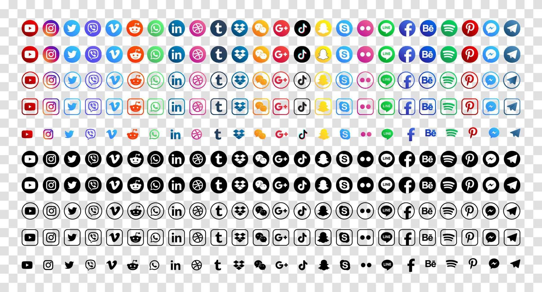 Set popular social media icons. Facebook, instagram, twitter, youtube, pinterest, behance, google plus, linkedin, whatsapp, snapchat, tiktok, tumblr, spotify, dropbox and many more vector