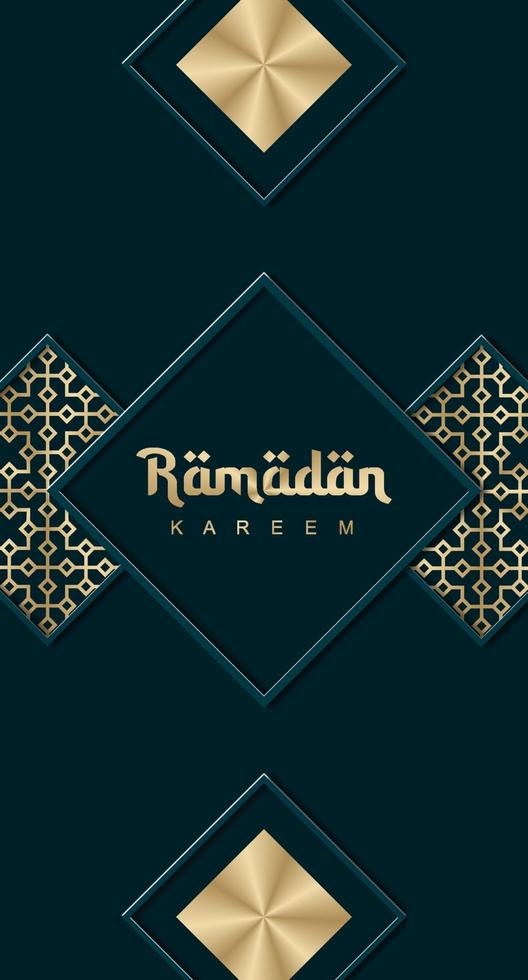 Ramadan Kareem greeting cards set. Ramadan holiday invitations templates collection with gold lettering and arabic pattern vector