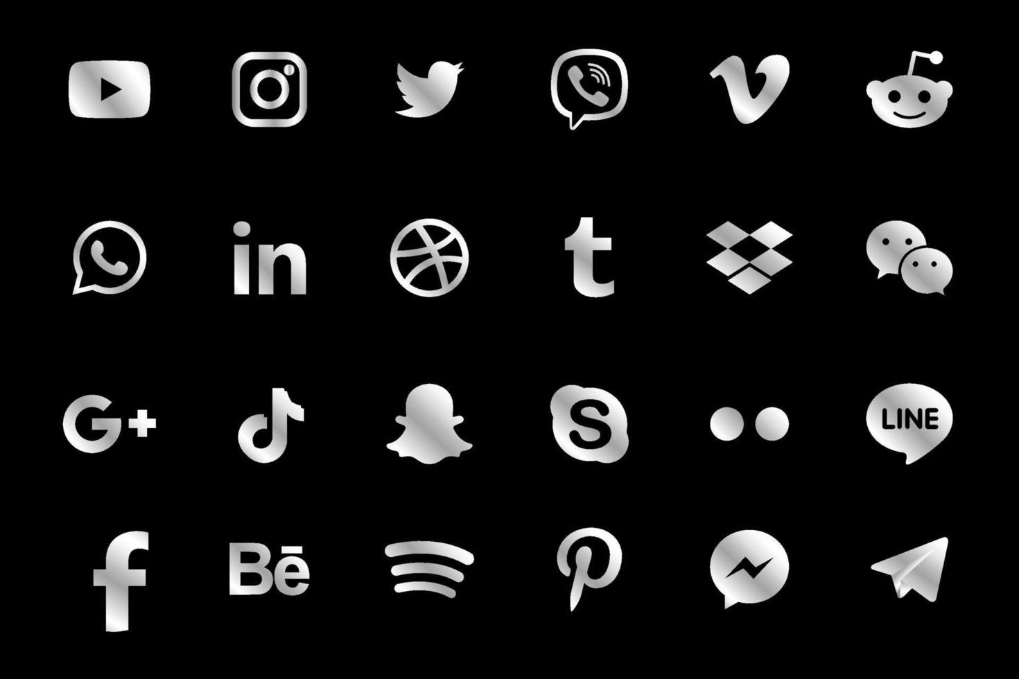 Silver Facebook, Instagram, Twitter, Youtube, WhatsApp, Dribble, Tiktok, Linkedin, Google plus, and many more silver collection of popular social media icons. Vector