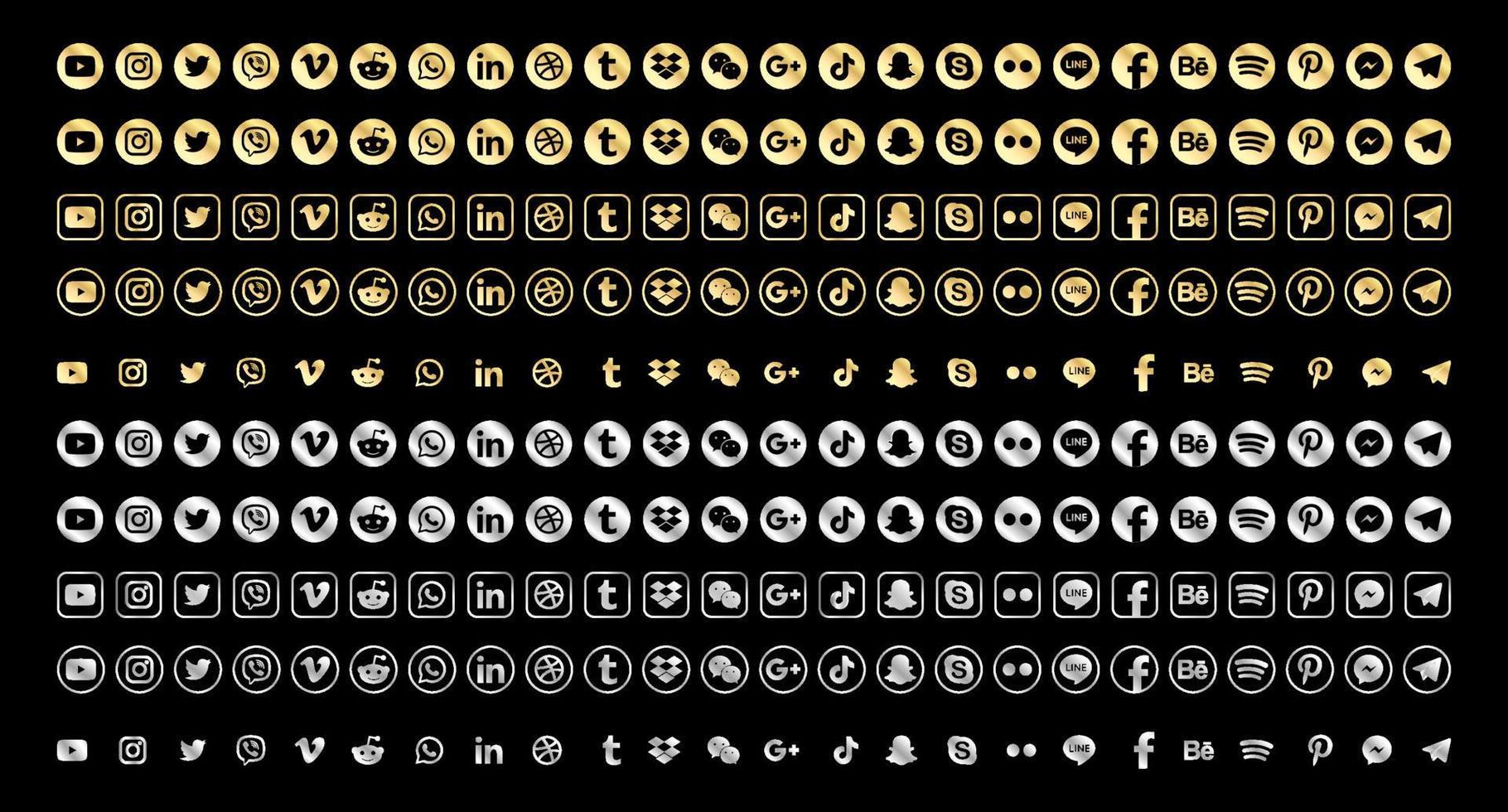 Golden and Silver Facebook, Instagram, Twitter, Youtube, WhatsApp, Dribble, Tiktok, and many more golden and silver collection of popular social media icons. Vector