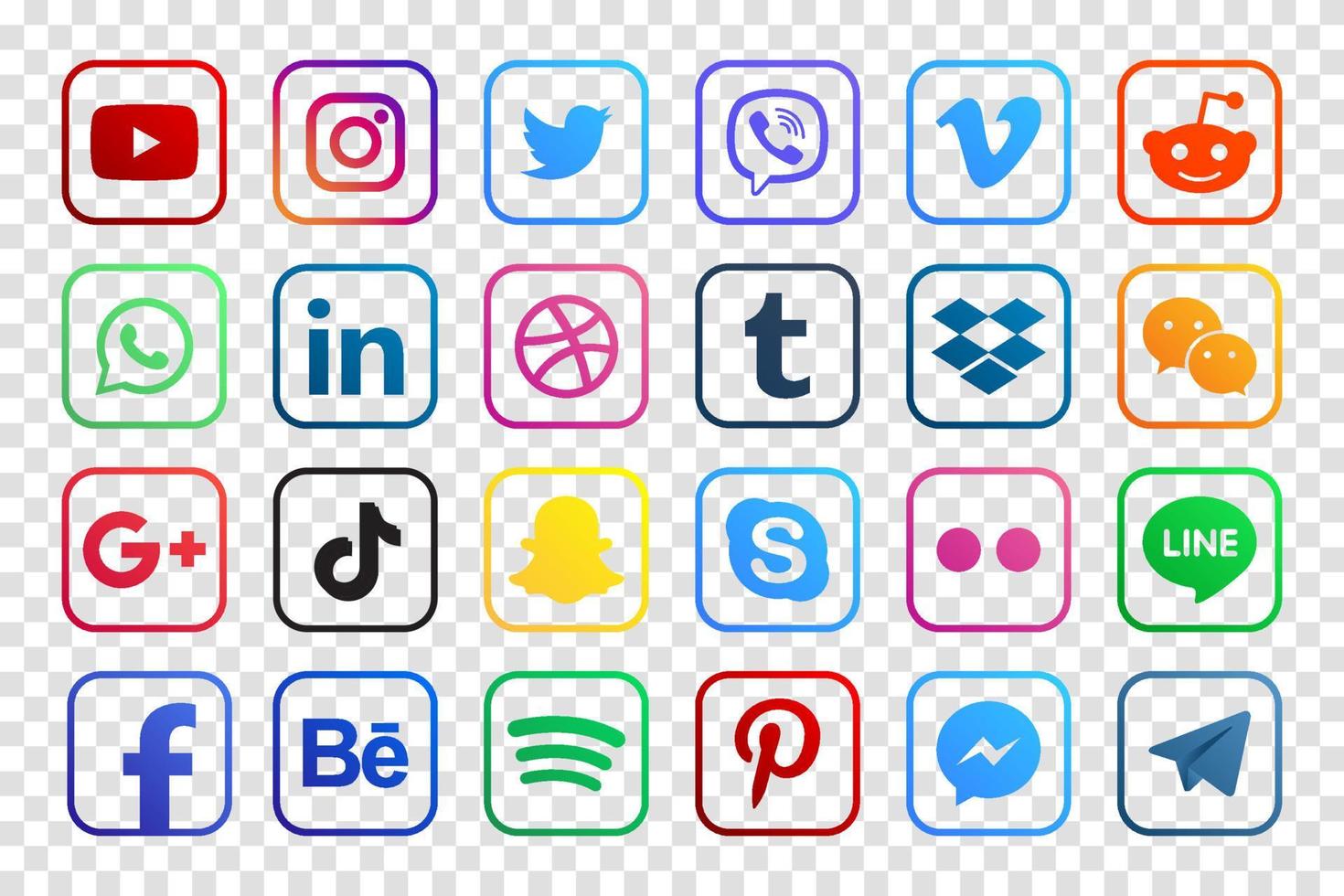 establecer iconos de redes sociales populares. facebook, instagram, twitter, youtube, pinterest, behance, google plus, linkedin, whatsapp, snapchat, tiktok, tumblr, spotify, dropbox y muchos más vector