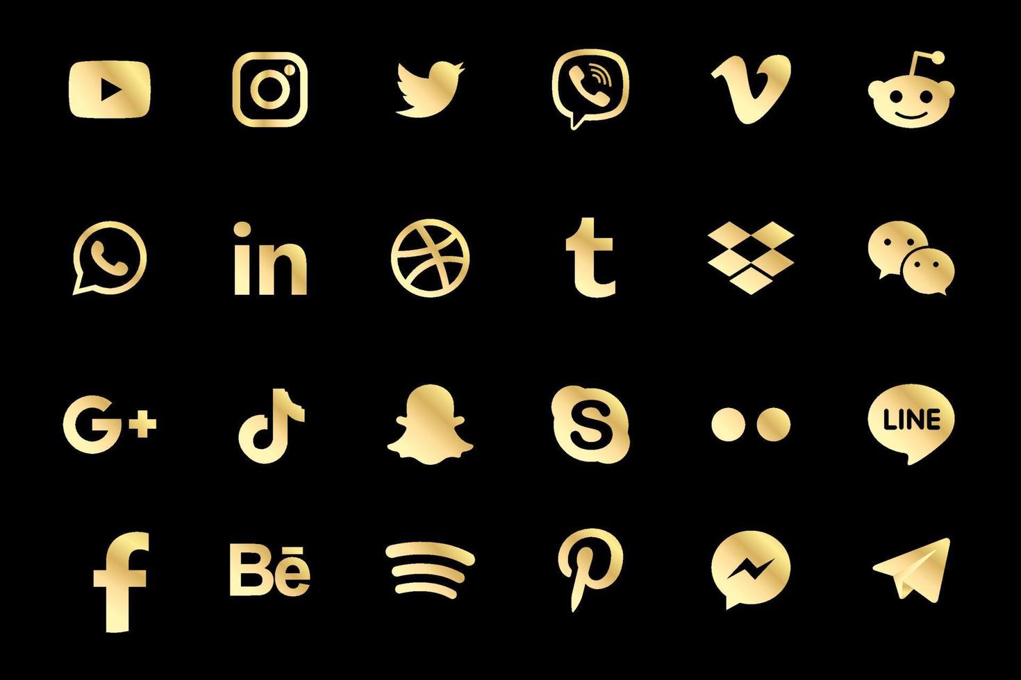 Golden Facebook, Instagram, Twitter, Youtube, WhatsApp, Dribble, Tiktok, Linkedin, Google plus, and many more golden collection of popular social media icons. Vector