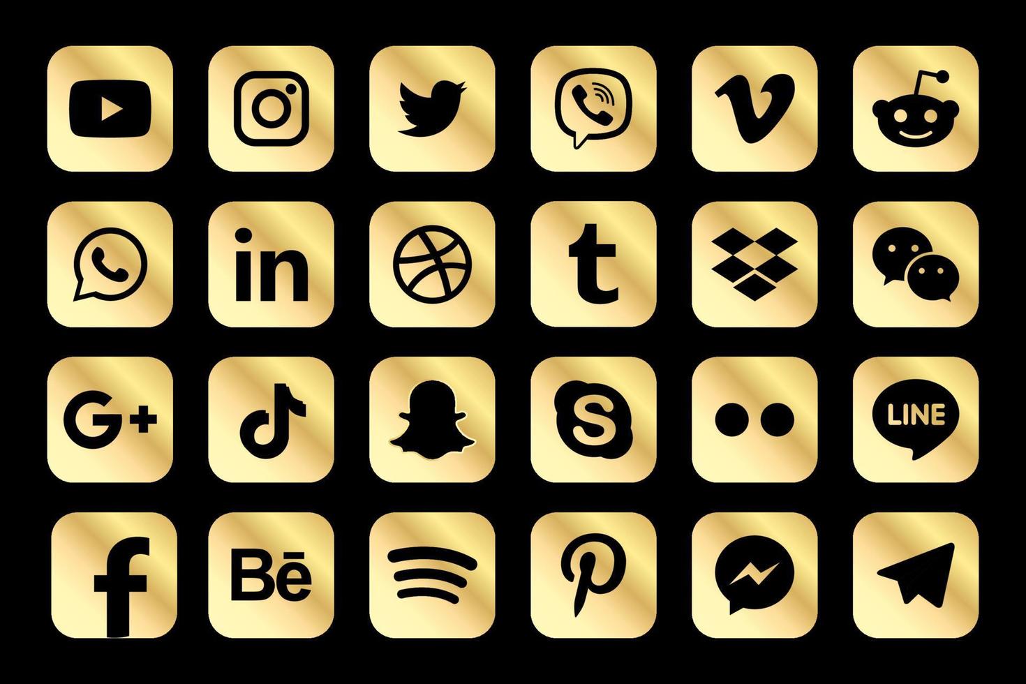 Golden Facebook, Instagram, Twitter, Youtube, WhatsApp, Dribble, Tiktok, Linkedin, Google plus, and many more golden collection of popular social media icons. Vector