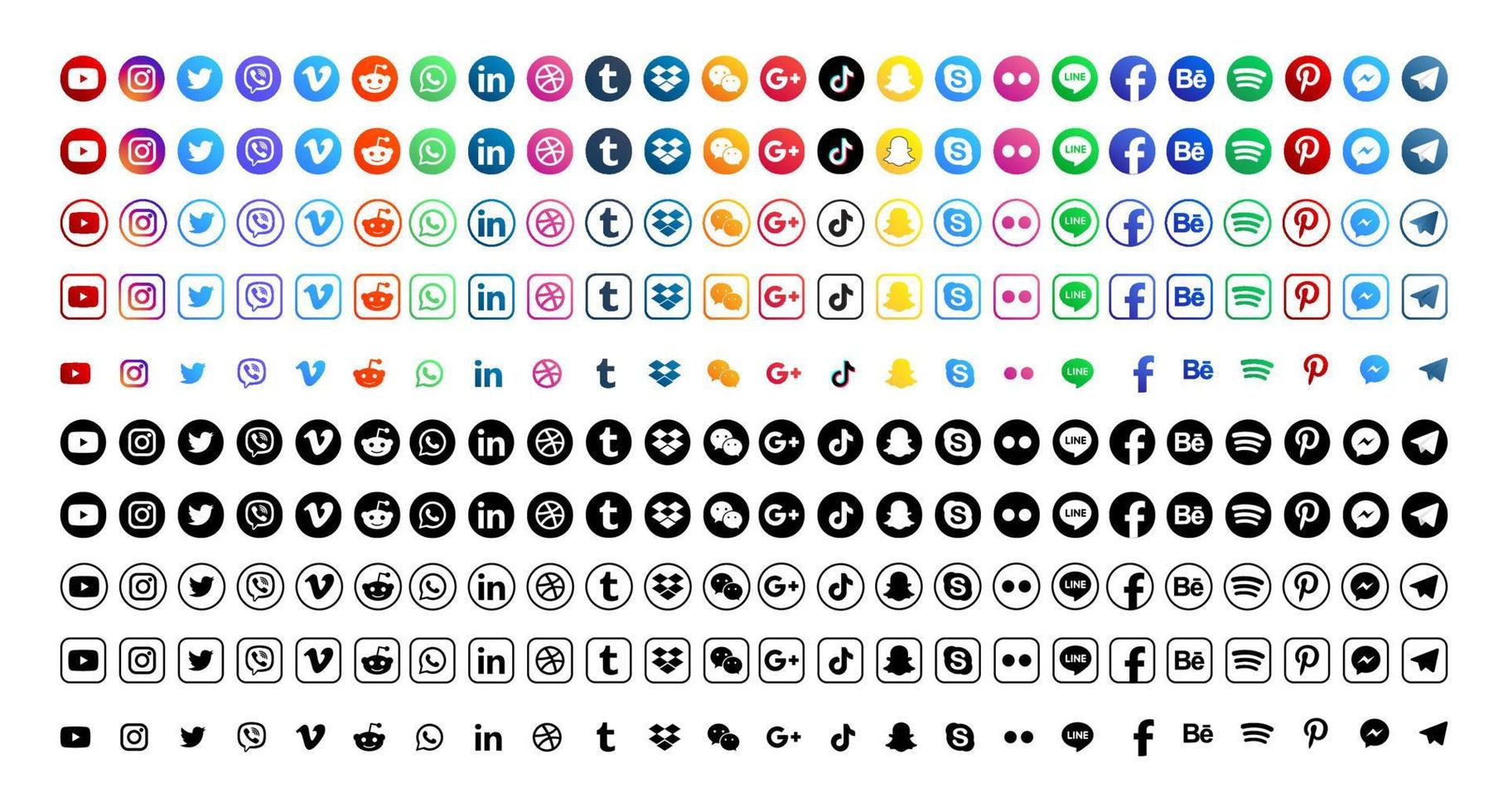 Set popular social media icons. Facebook, instagram, twitter, youtube, pinterest, behance, google plus, linkedin, whatsapp, snapchat, tiktok, tumblr, spotify, dropbox and many more vector