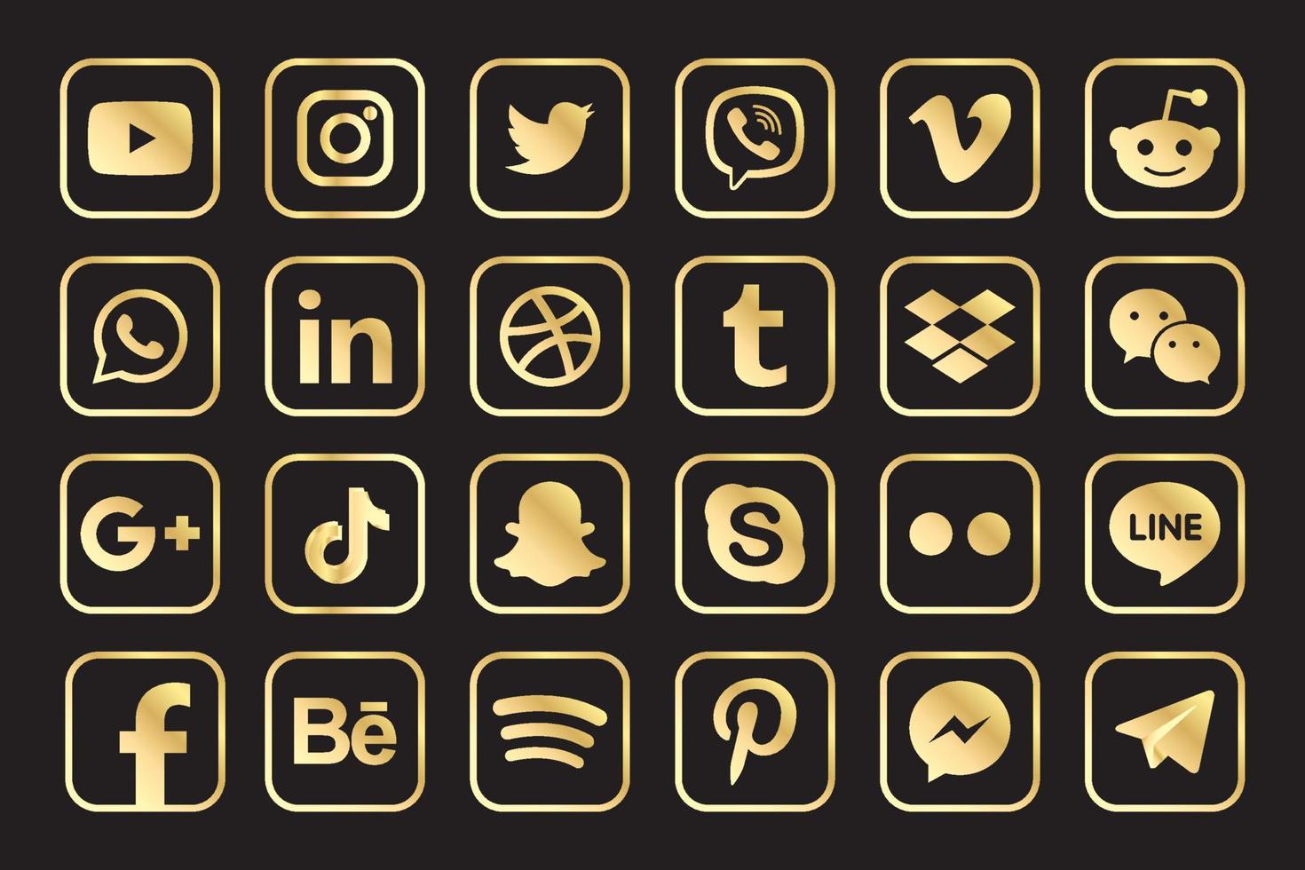 Golden Facebook, Instagram, Twitter, Youtube, WhatsApp, Dribble, Tiktok, Linkedin, Google plus, and many more golden collection of popular social media icons. Vector