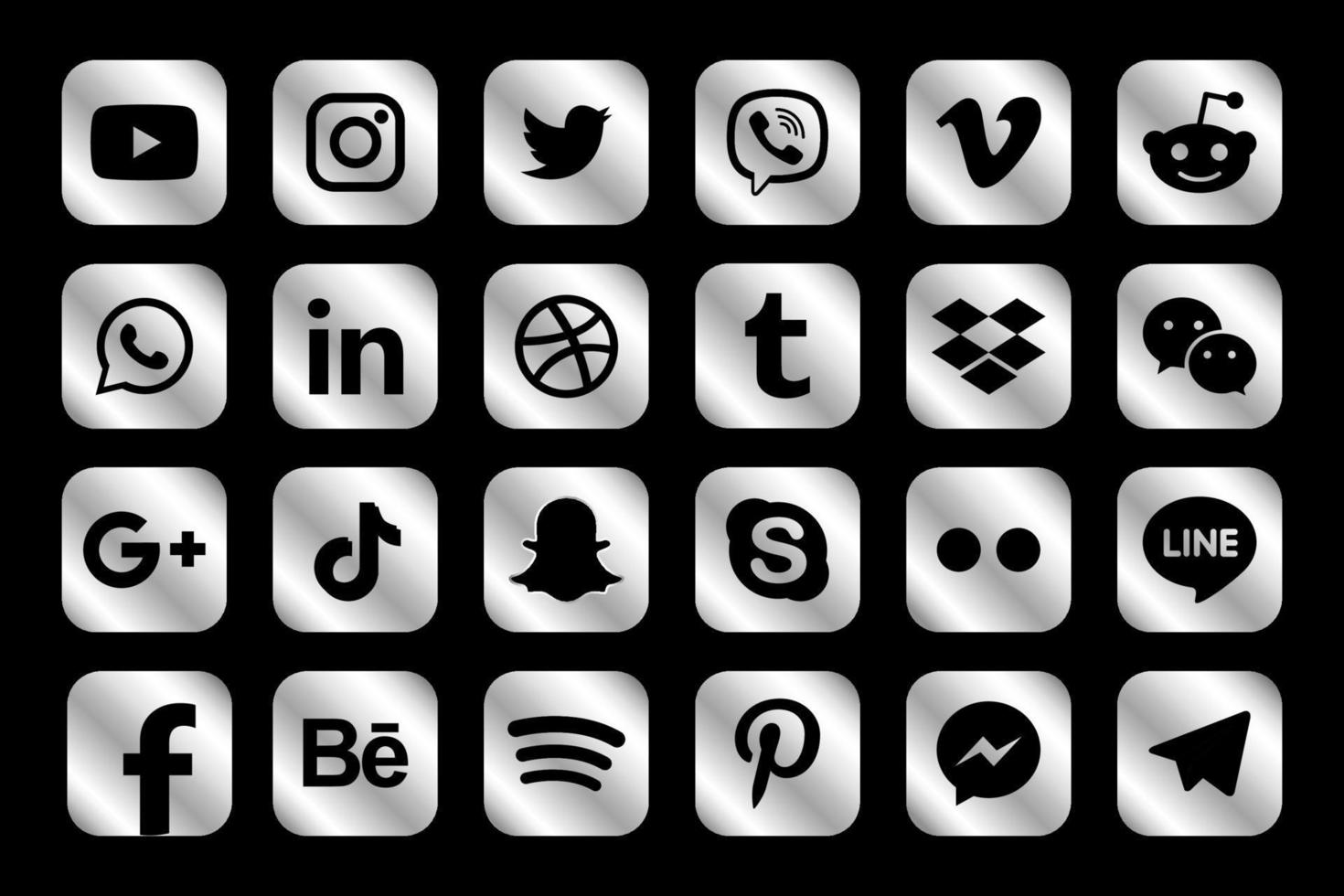 Silver Facebook, Instagram, Twitter, Youtube, WhatsApp, Dribble, Tiktok, Linkedin, Google plus, and many more silver collection of popular social media icons. Vector