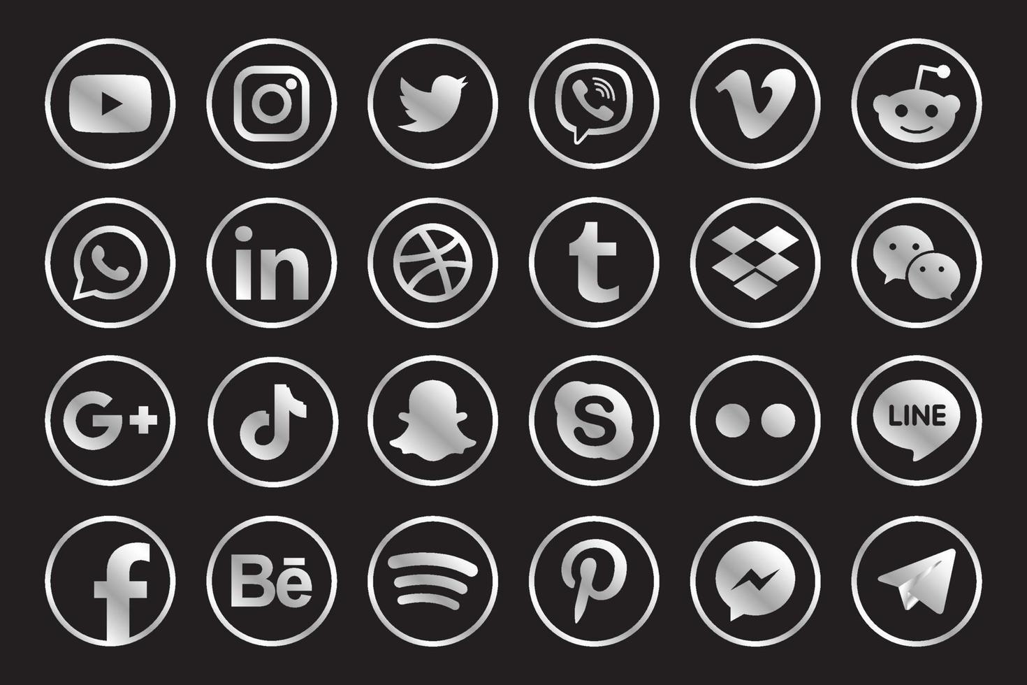 Silver Facebook, Instagram, Twitter, Youtube, WhatsApp, Dribble, Tiktok, Linkedin, Google plus, and many more silver collection of popular social media icons. Vector