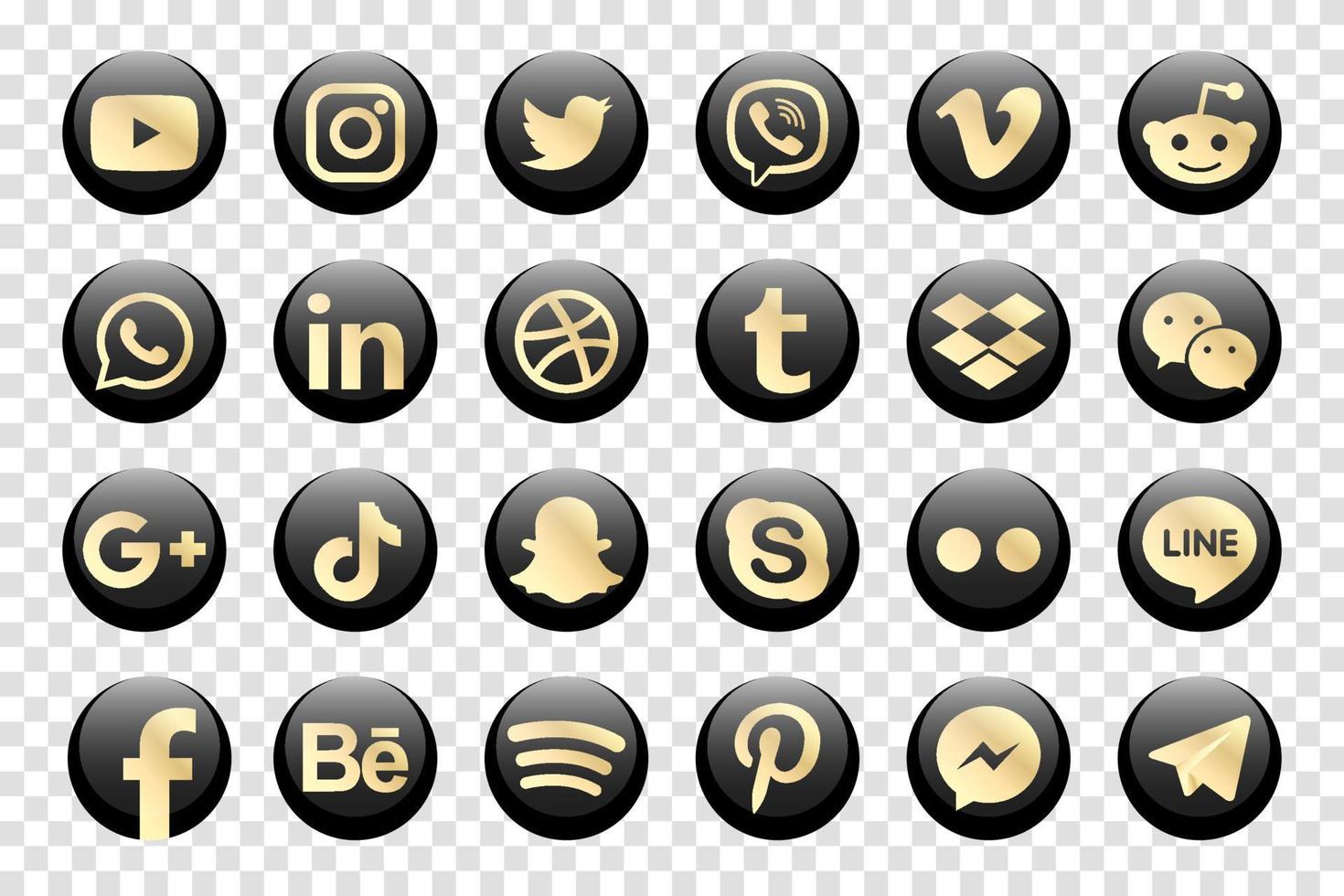 Golden Facebook, Instagram, Twitter, Youtube, WhatsApp, Dribble, Tiktok, Linkedin, Google plus, and many more golden collection of popular social media icons. vector