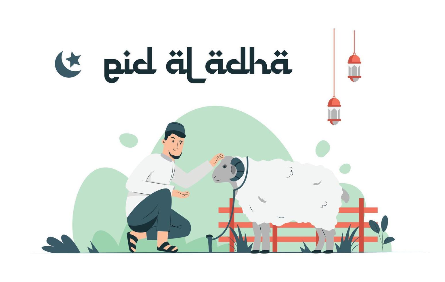 ilustración gráfica vectorial de eid al-adha y la fiesta del sacrificio. ovejas y hombres musulmanes perfectos para afiches y pancartas vector