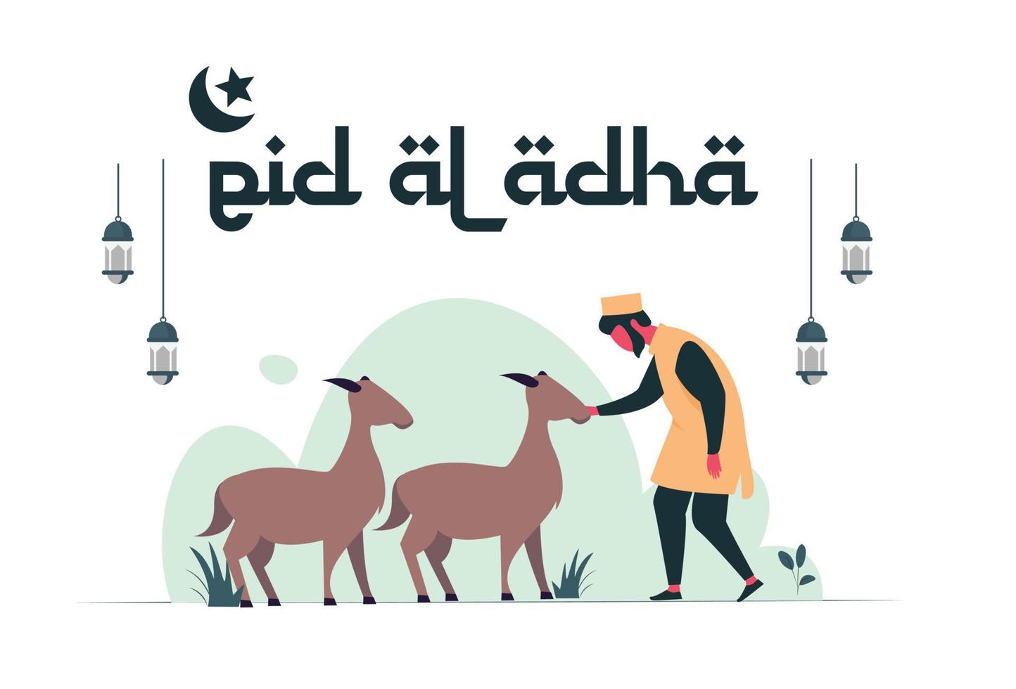 ilustración gráfica vectorial de eid al-adha y la fiesta del sacrificio. ovejas y hombres musulmanes perfectos para afiches y pancartas vector