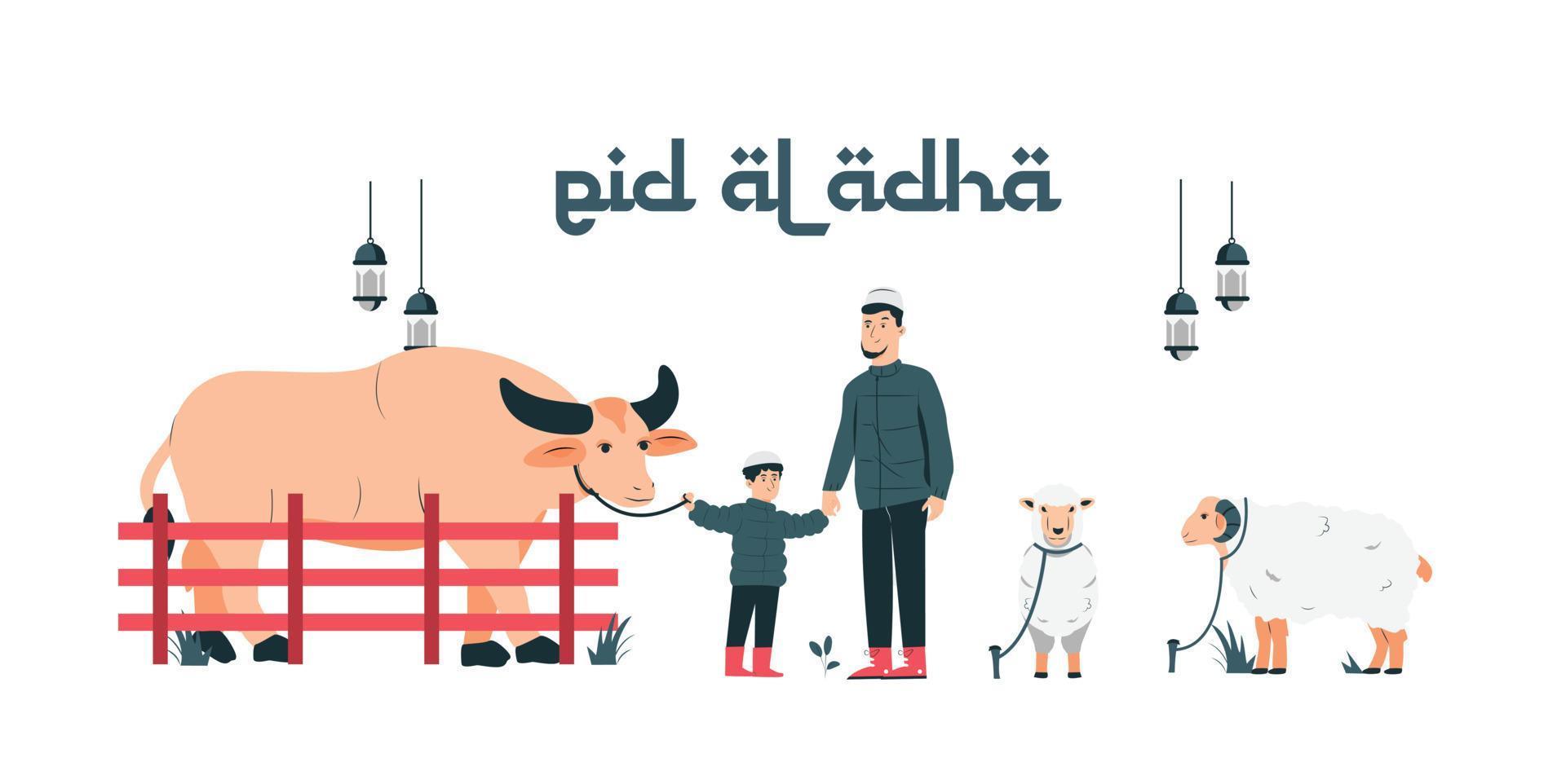 Vector illustration of Eid al-Adha and Feast of Sacrifice. sheep, buffalo and muslim families