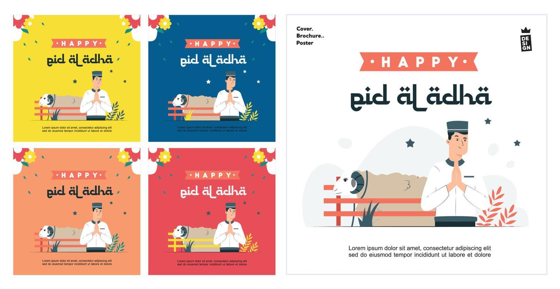 Vector illustration of Eid al-Adha and Feast of Sacrifice. sheep, buffalo and muslim families