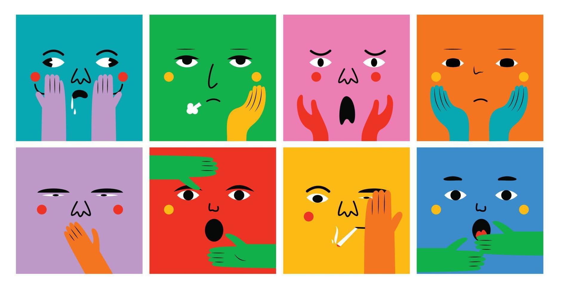 Faces with various Emotions and hand gestures. Different color characters. vector