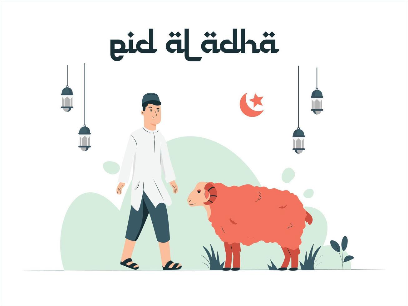 ilustración gráfica vectorial de eid al-adha y la fiesta del sacrificio. ovejas y hombres musulmanes perfectos para afiches y pancartas vector