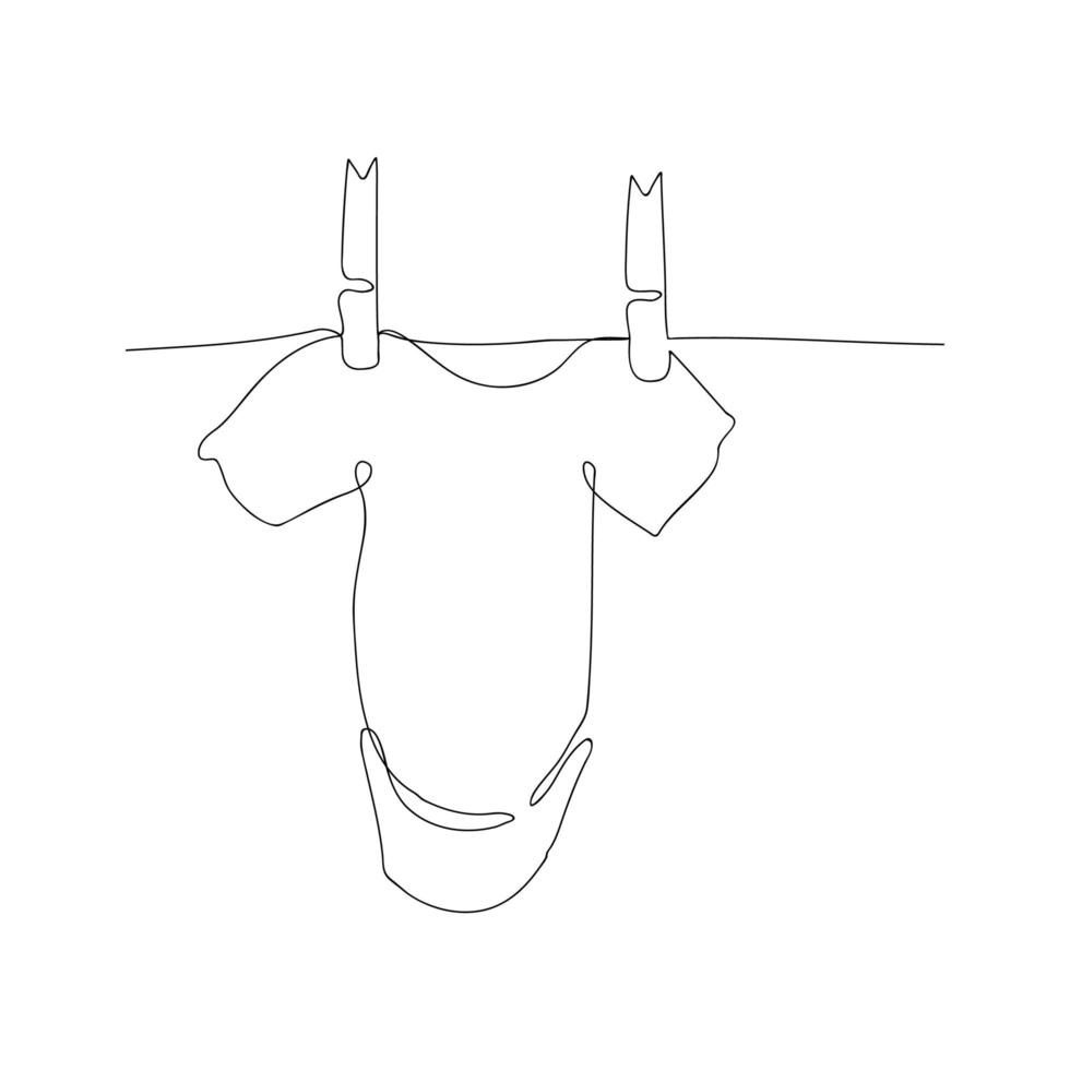 Continuous line drawing baby bodysuit is drying on a rope. Vector illustration, one line.